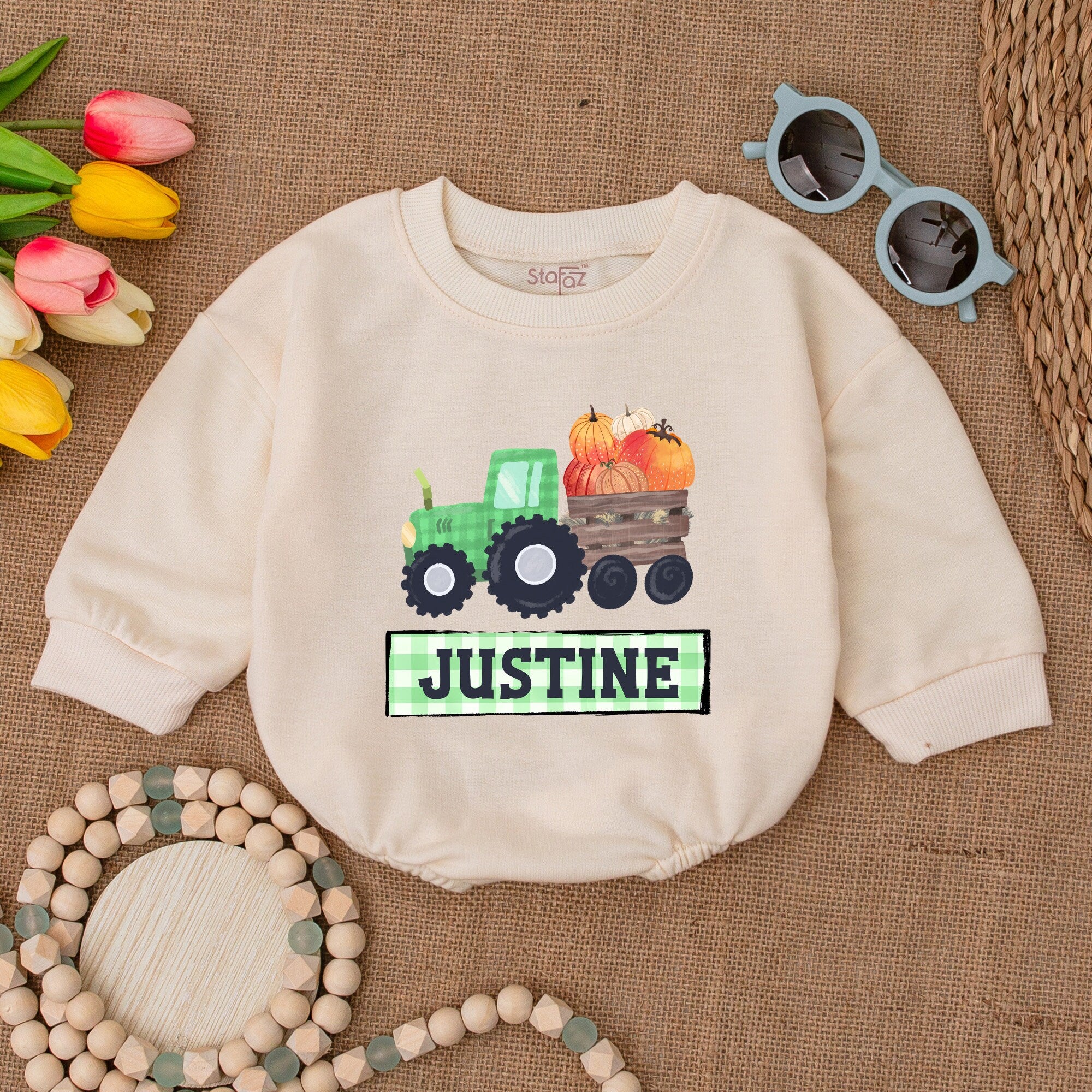 Custom Pumpkin Tractor Baby Romper Green and Orange Fall Harvest Bodysuit Personalized Justine Autumn Outfit Cozy Thanksgiving Gift