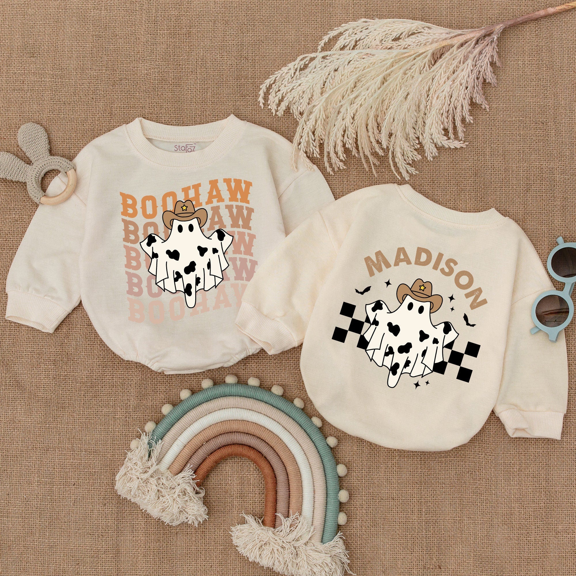Boohaw Cowboy Baby Bubble Romper Cute Ghost Autumn Outfit Personalized Name Thanksgiving Gift