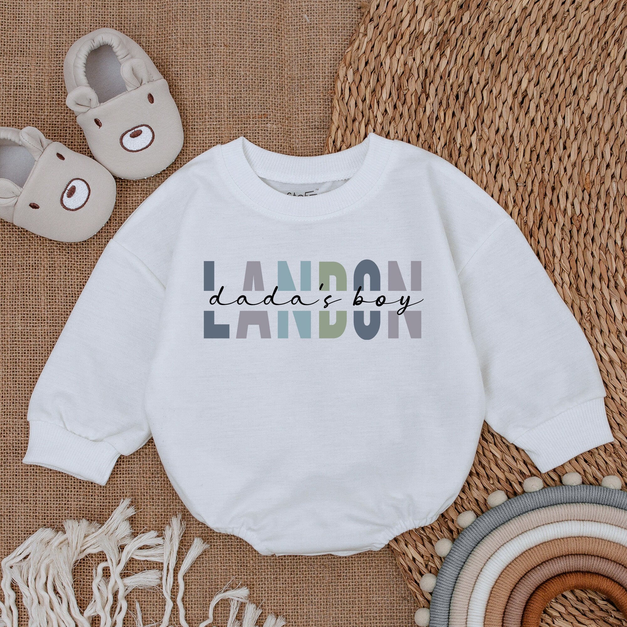 Custom Daddy's Boy Romper with Landon Name in Blue & Green