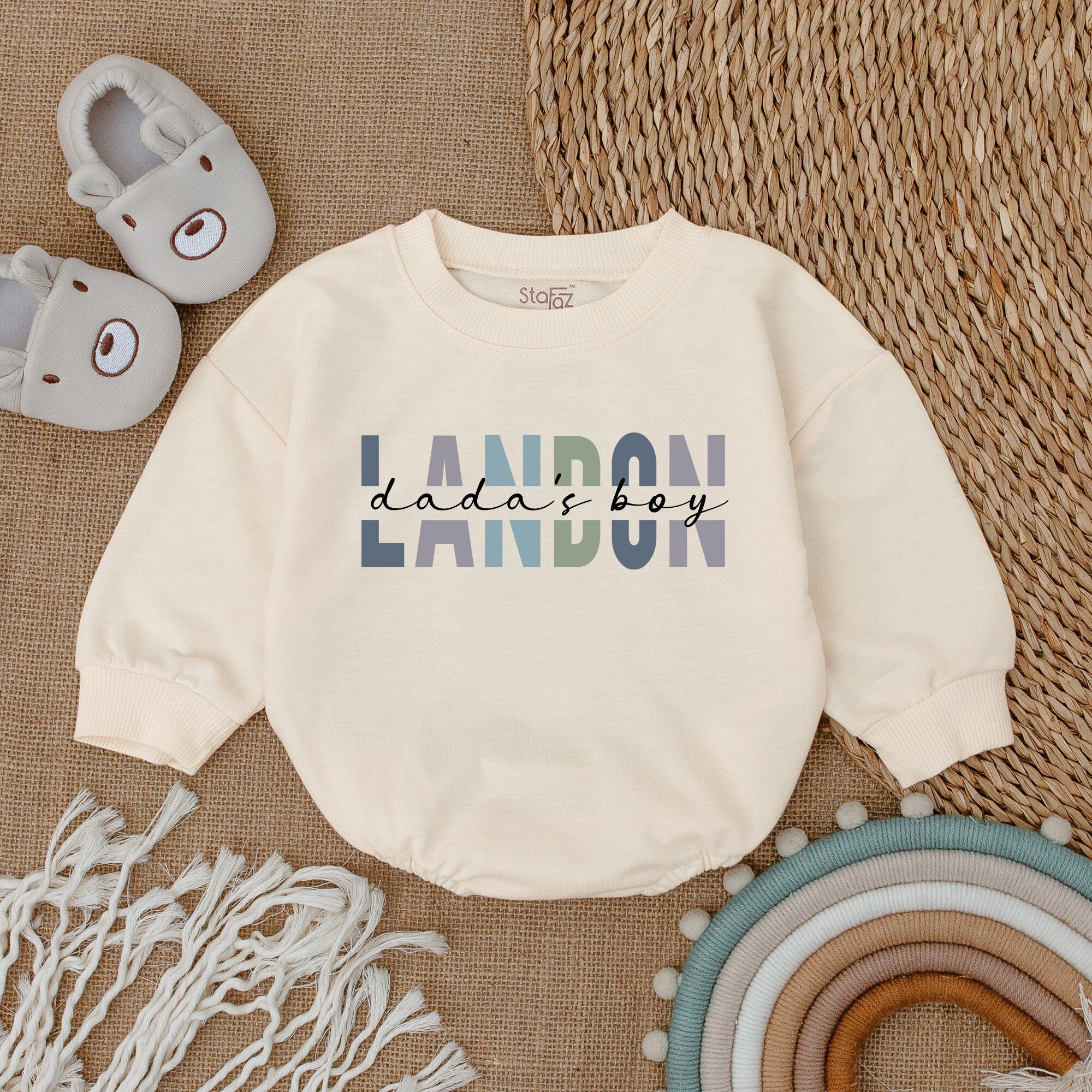 Custom Daddy's Boy Romper with Landon Name in Blue & Green