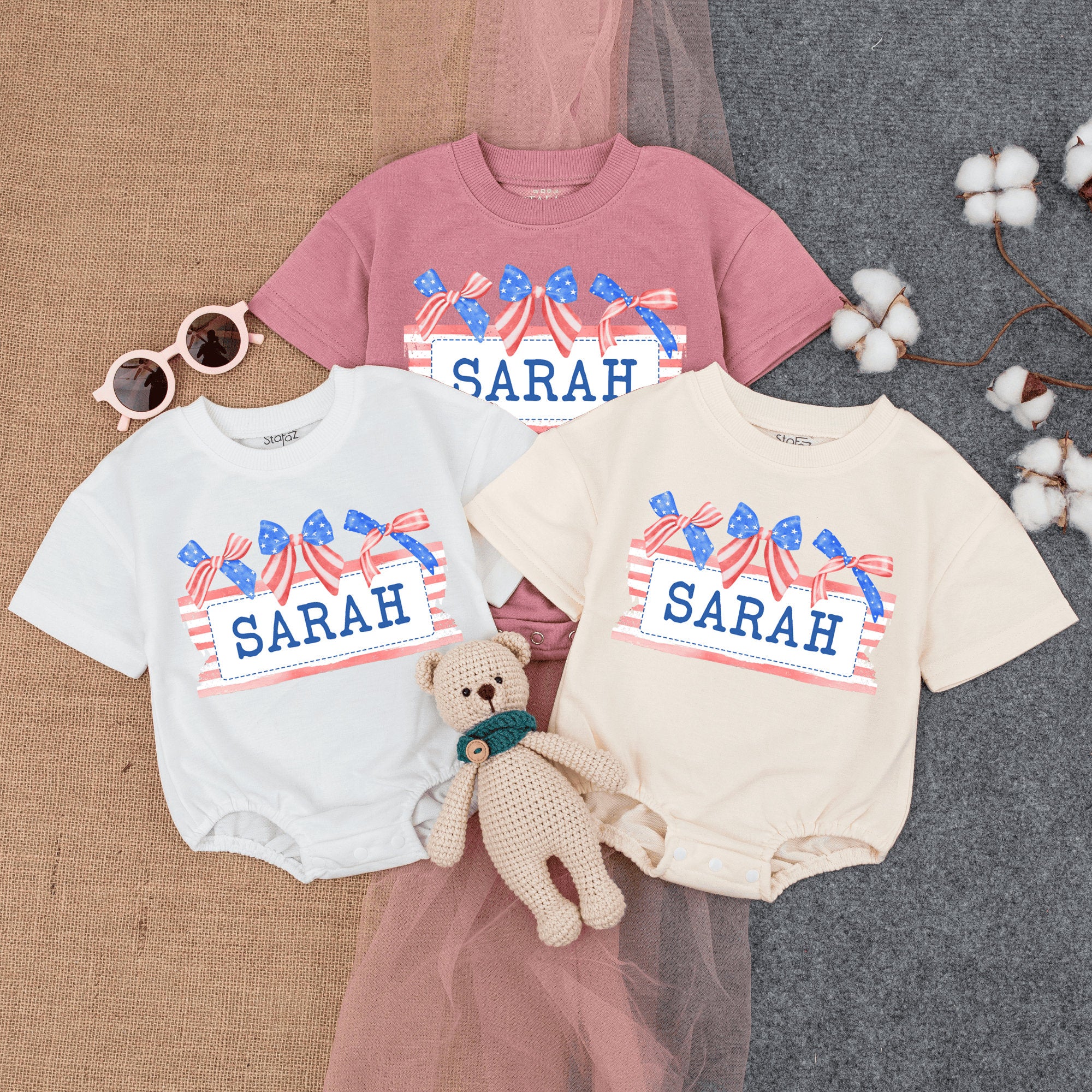 Patriotic Baby Romper with American Flags and Name 'SARAH'