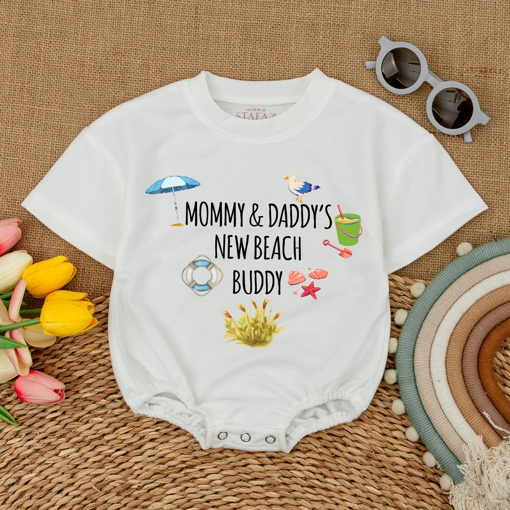 Mommy & Daddy's New Beach Buddy Bodysuit for Baby Nautical Design with Umbrella Seagull Seashells Perfect for Beach Trip or Shower