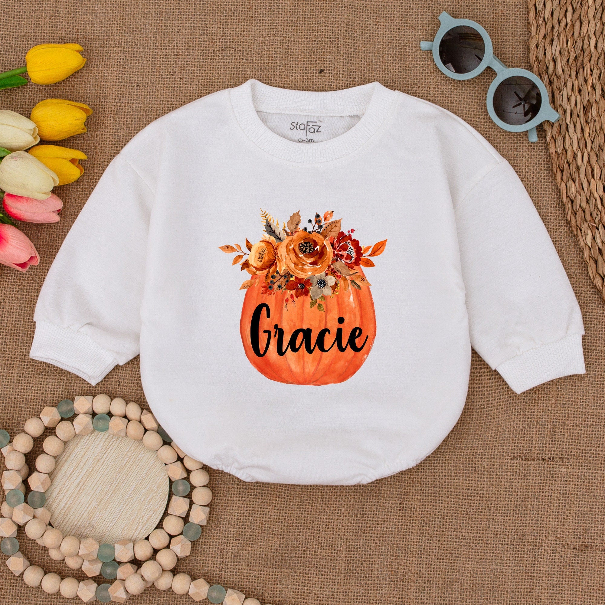 Custom Pumpkin Baby Romper with Floral Design Personalized Fall Outfit Soft Cotton Halloween Baby Shower Gift for Infants