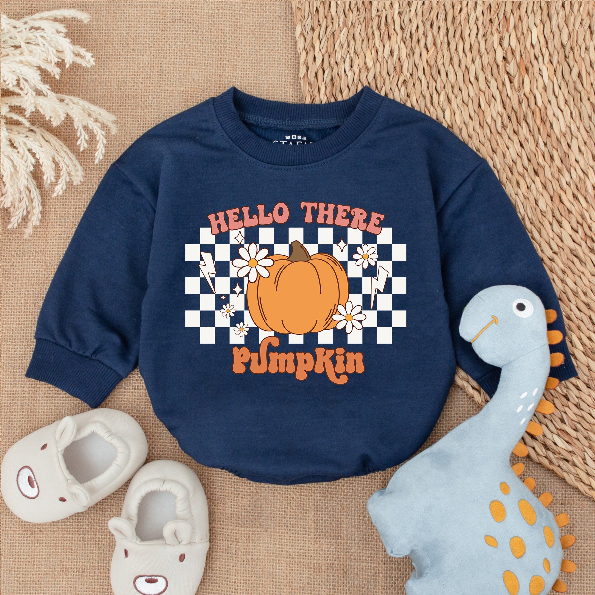 Hello Pumpkin Baby Romper for First Thanksgiving Soft Cotton Fall Outfit Infant Holiday Clothes with Vintage Checkered Pattern