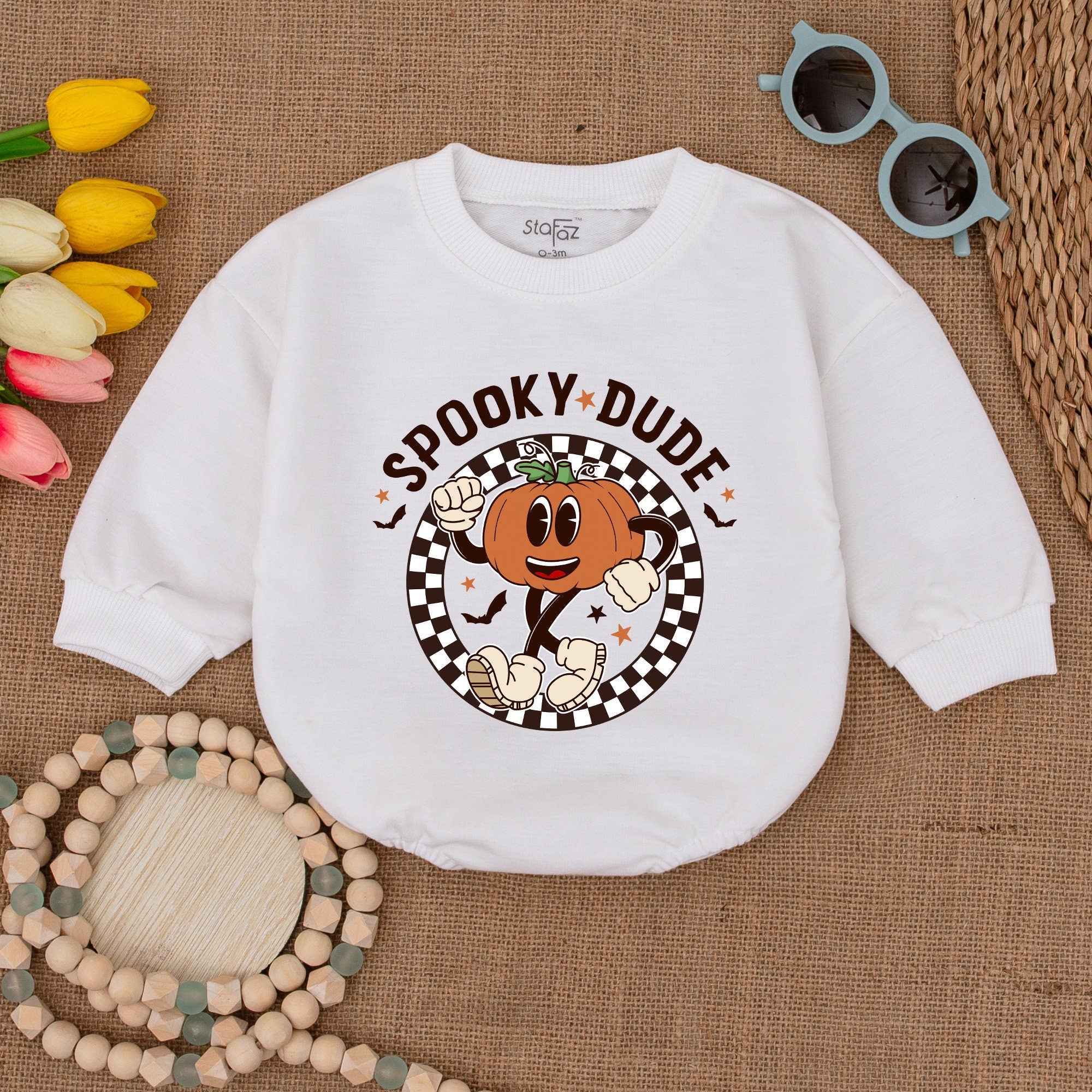 Spooky Dude Pumpkin Baby Romper Halloween Outfit Infant Fun Checkered Circle Design Soft Cotton Fall Party Gift