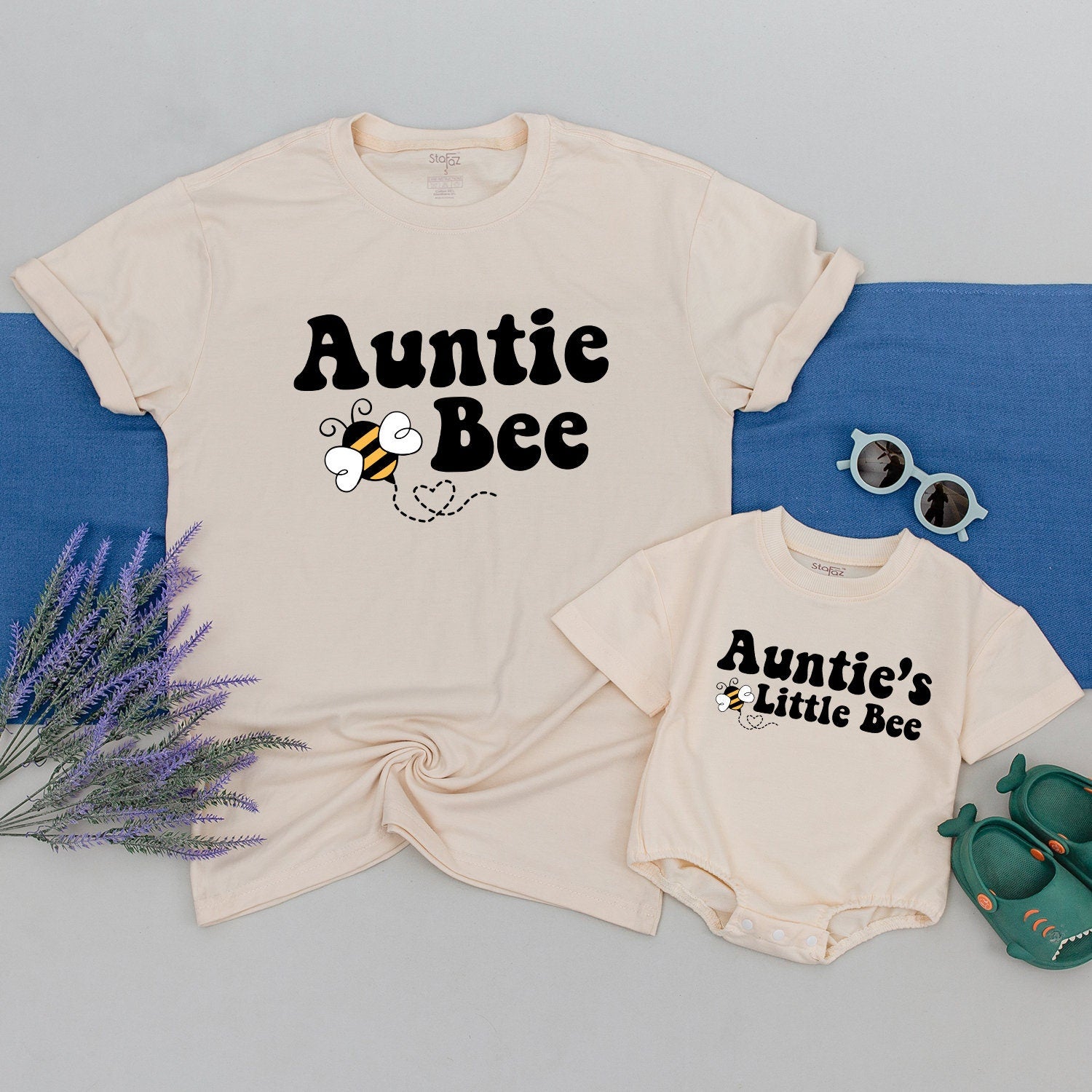 Personalized Auntie Bee and Little Bee Matching Shirts Cute Cartoon Design Custom Names Baby Shower Gift Retro Style Family Outfit