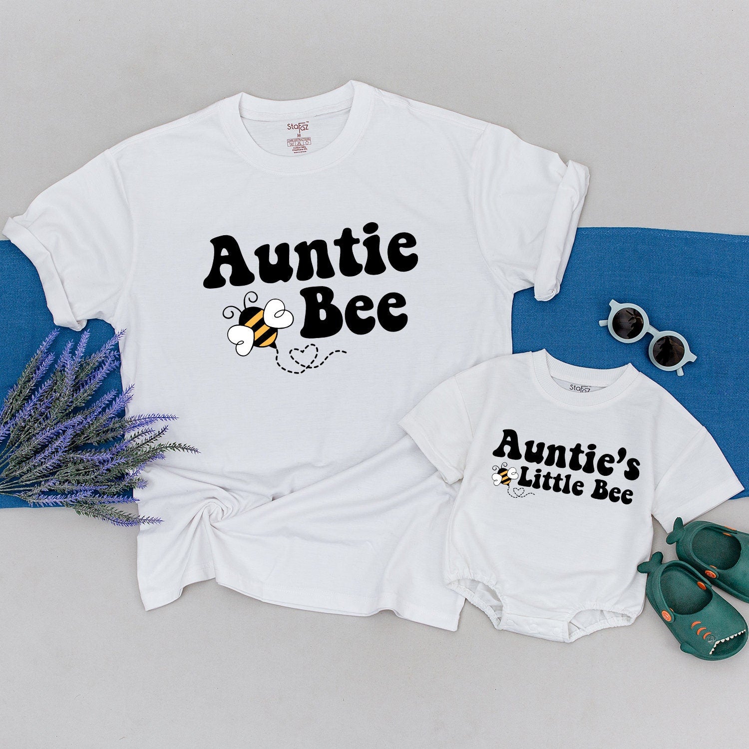 Personalized Auntie Bee and Little Bee Matching Shirts Cute Cartoon Design Custom Names Baby Shower Gift Retro Style Family Outfit
