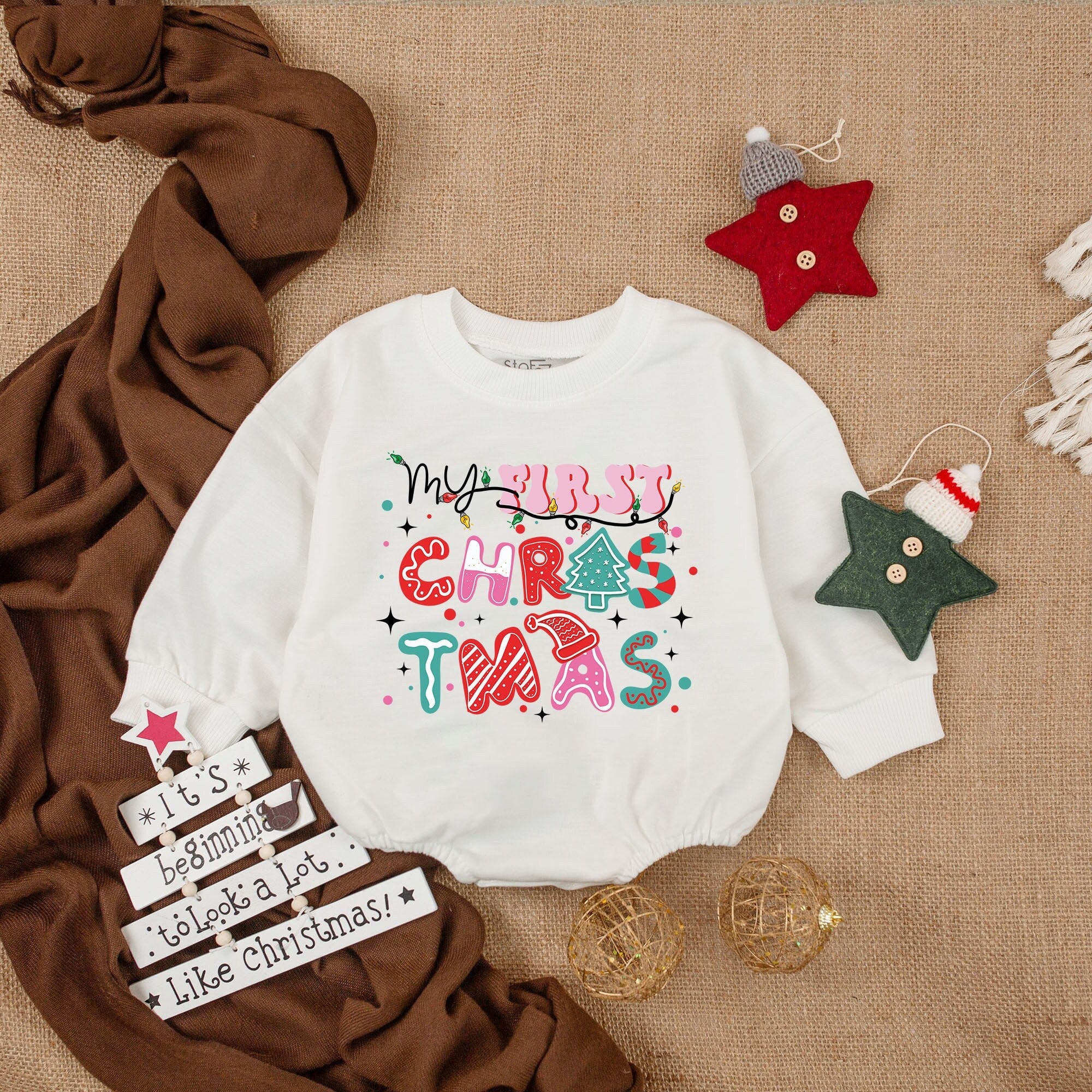 My First Christmas Baby Romper with Festive Tree and Santa Hat Design Soft Oversized Long Sleeve Bodysuit Holiday Infant Gift