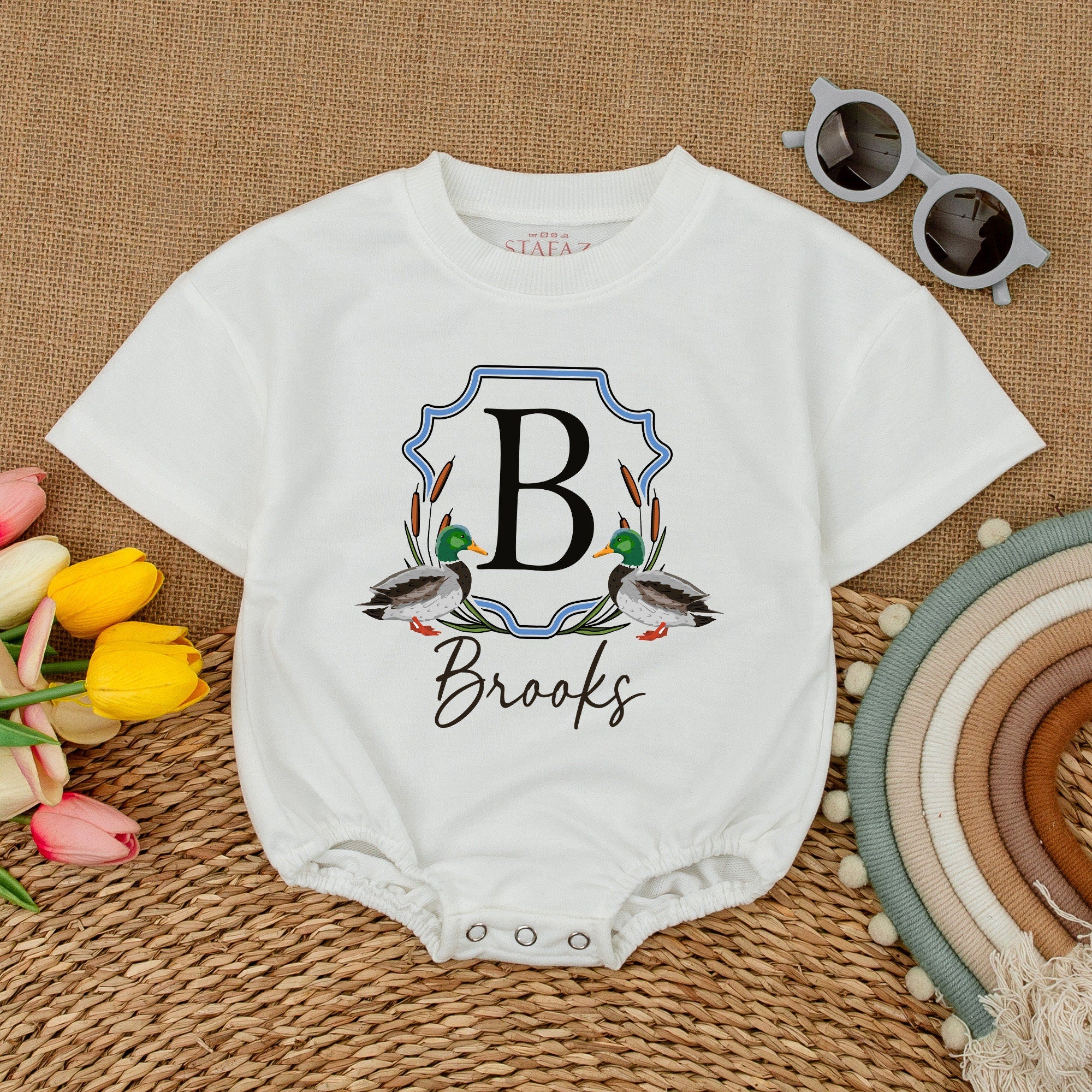 Personalized Mallard Ducks Romper with Name - Custom Baby Bodysuit