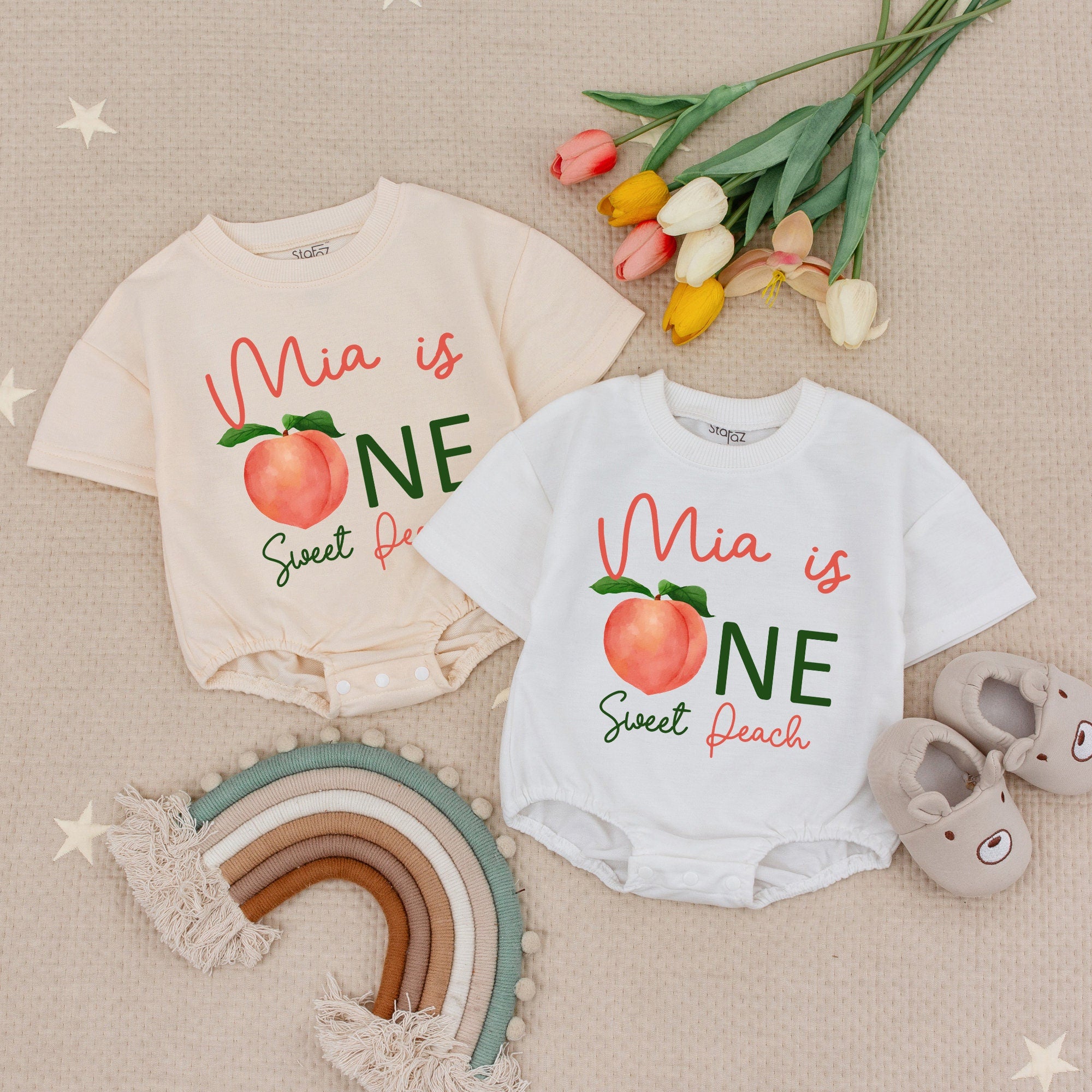 Sweet Peach First Birthday Romper for Girls with Custom Name