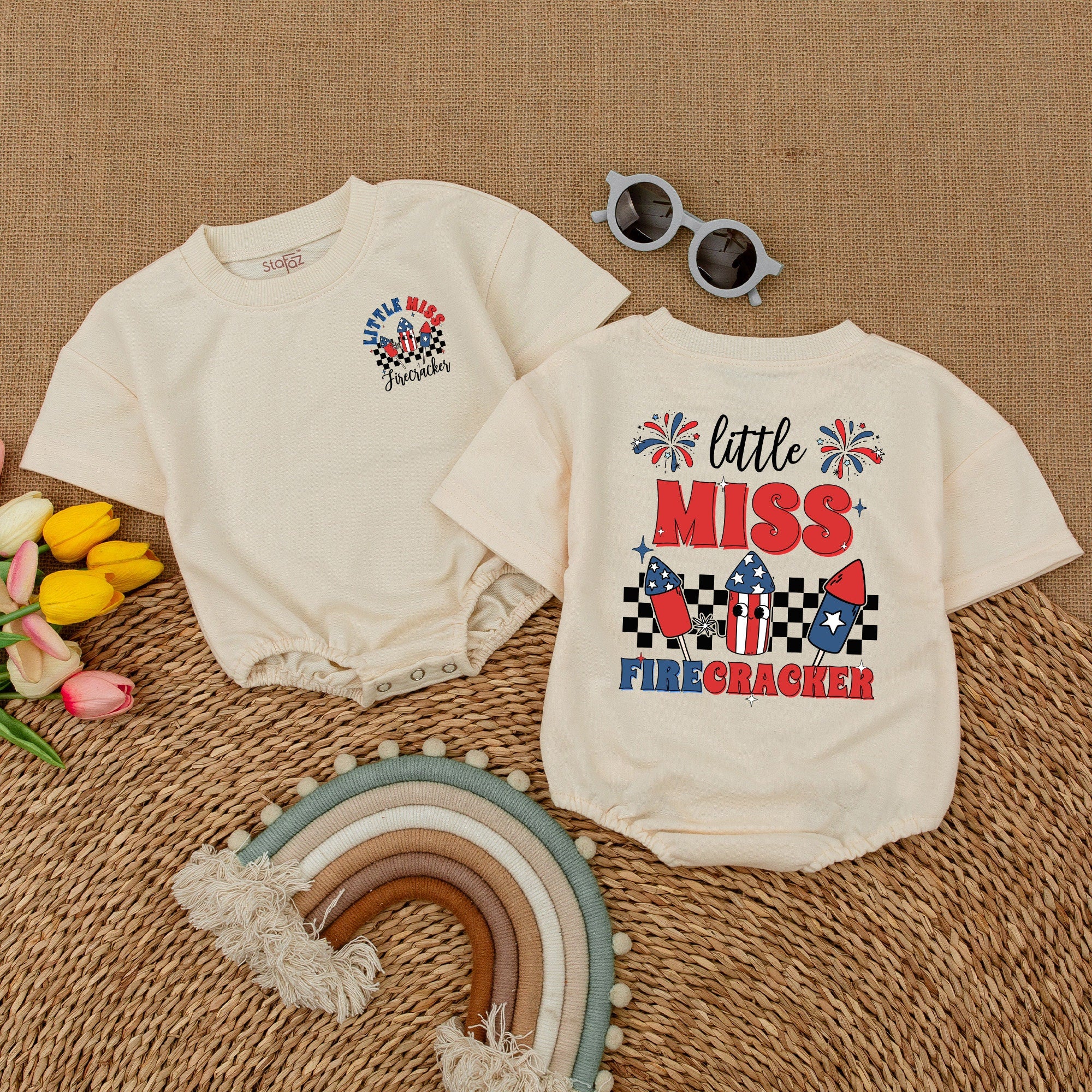 Little Miss Firecracker Baby Girl Romper Festive 4th of July Outfit with Stars Fireworks American Flag Checkered Pattern