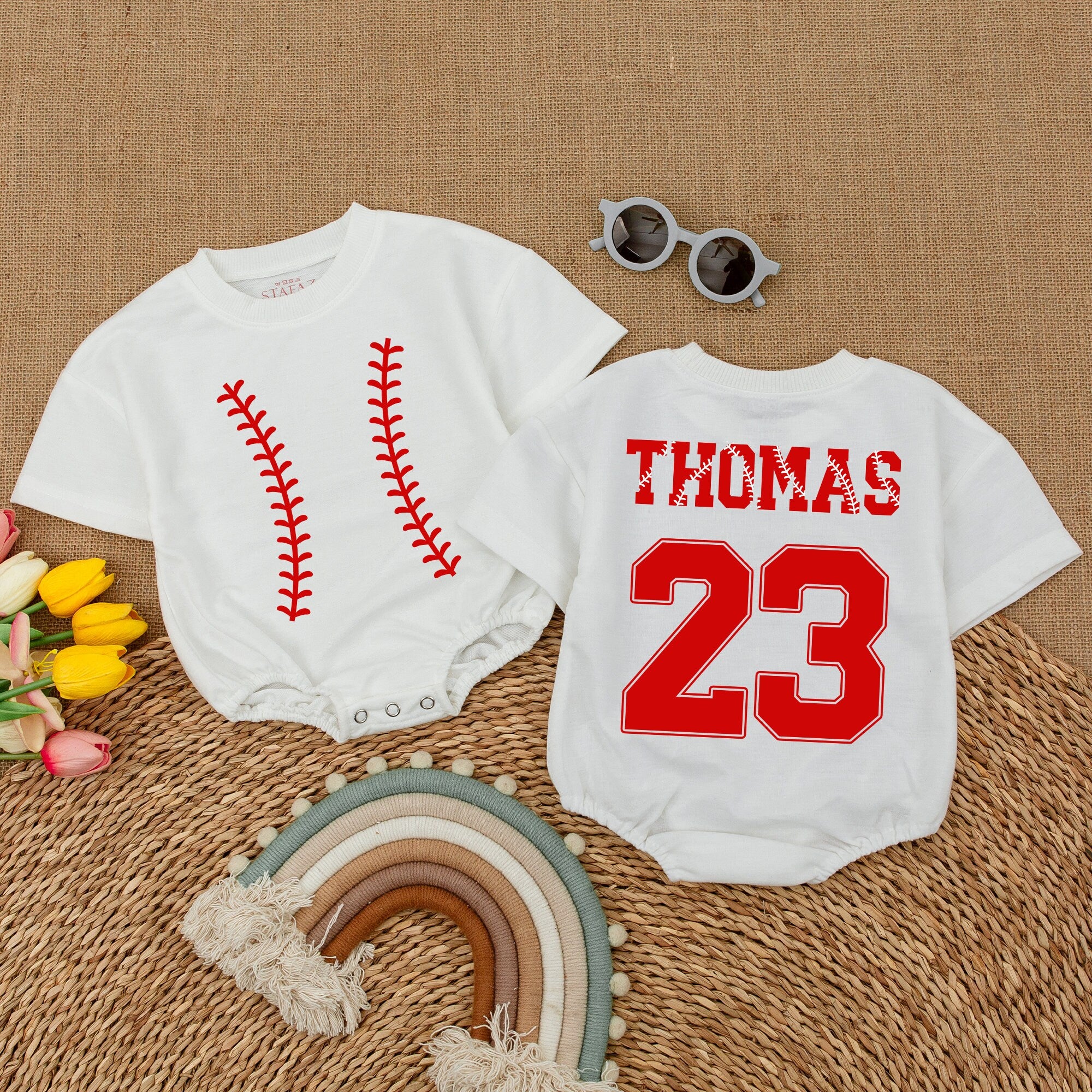 Custom Baseball Baby Romper with Name & Number