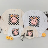 Personalized Auntie and Girl Retro Smiley Face Sweatshirts Playful Gift Checkerboard Pattern Pink Black Cotton Holiday Outfit