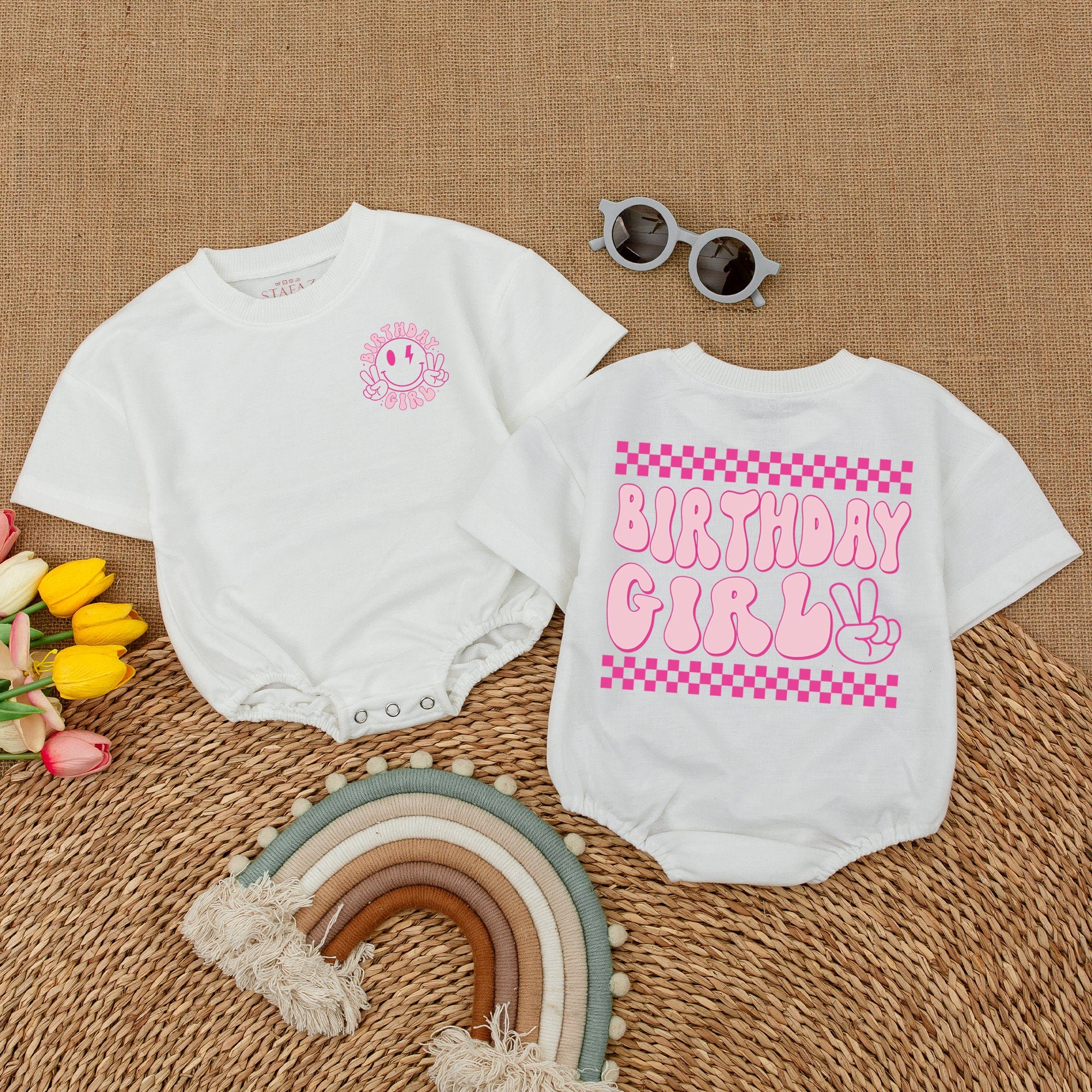 One Happy Babe Birthday Girl Romper with Smiley Face Design