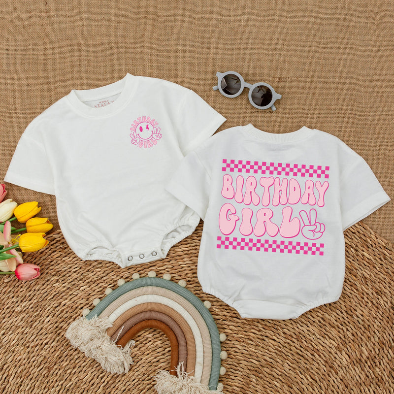 One Happy Babe Birthday Girl Romper with Smiley Face Design
