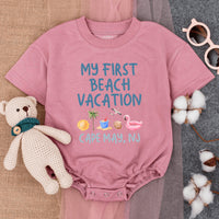 My First Beach Vacation Baby Romper - Cute Summer Bodysuit with Tropical Icons, Soft Cotton, Short-Sleeve Outfit for Baby's 1st Getaway