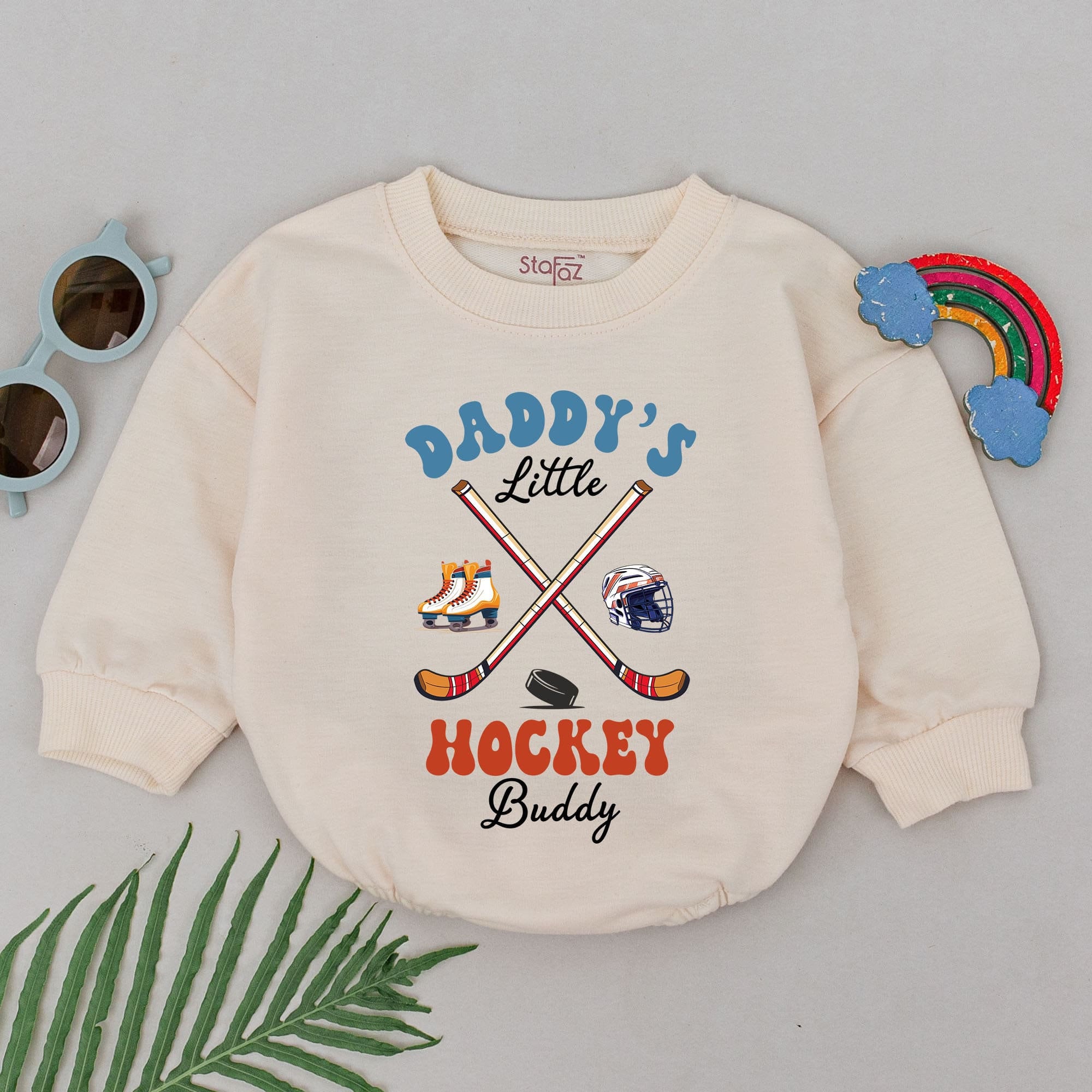 Daddy's Little Hockey Buddy Romper Retro Sport Design Baby Boy Outfit Father's Day Gift Cute Skates Helmet Cotton Playful Theme