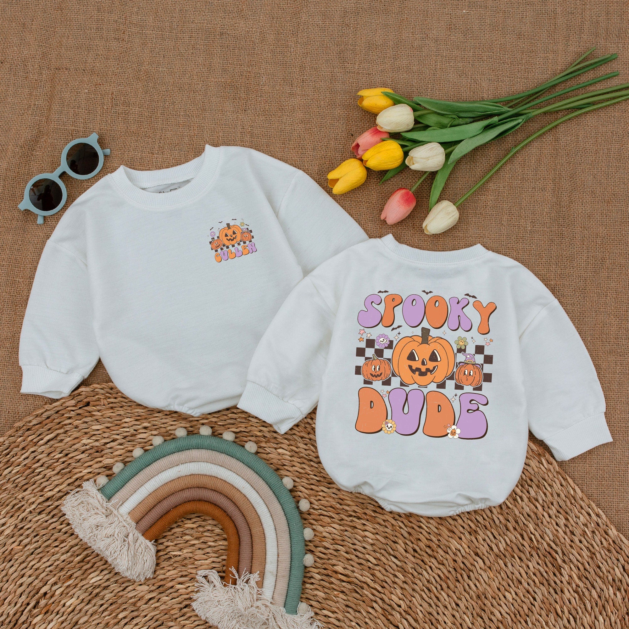 Custom Spooky Dude Baby Romper Retro Halloween Outfit with Smiling Pumpkins Vintage Fall Bodysuit Personalized Gift for Infant Party