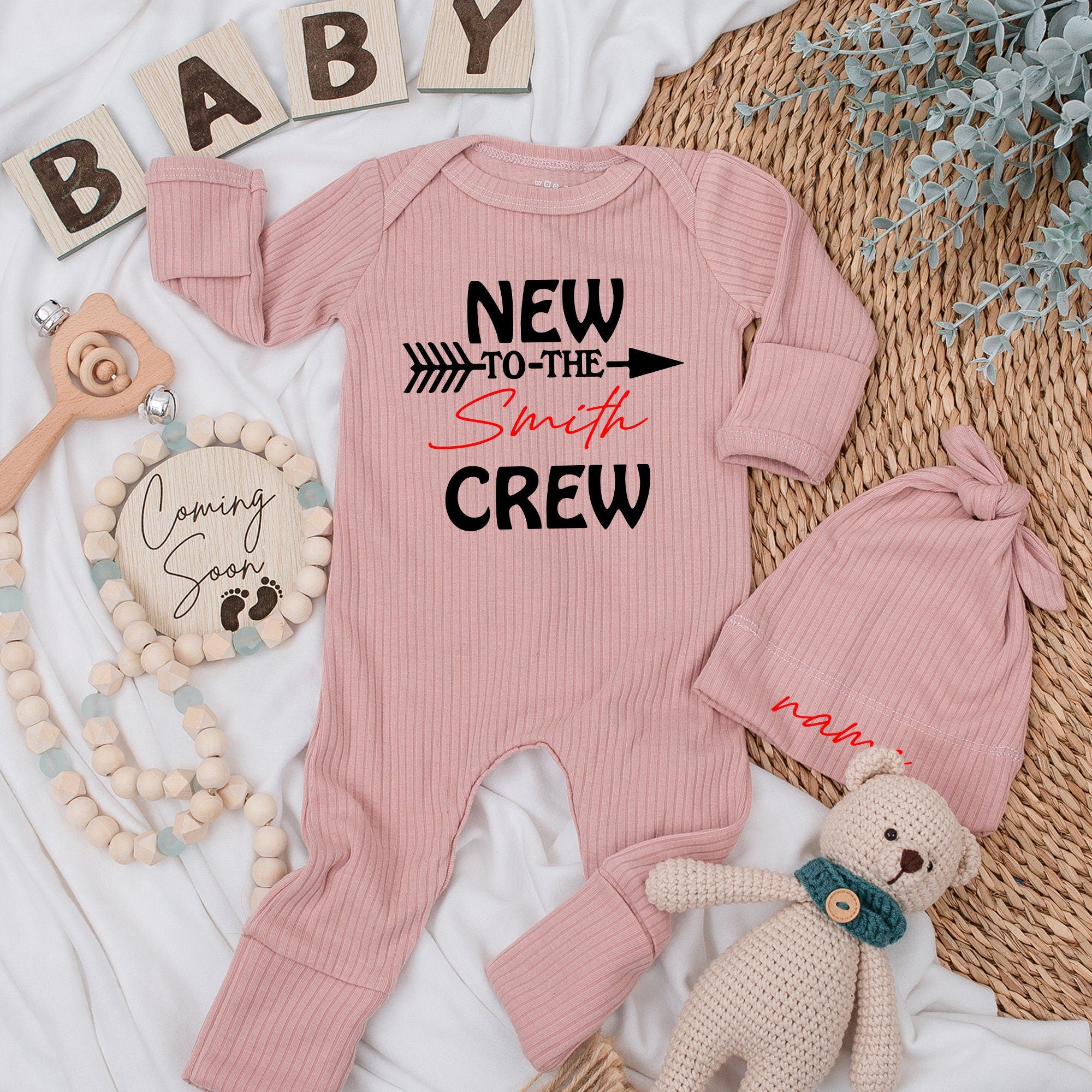 Personalized New To The Crew Baby Bodysuit Outfit Set