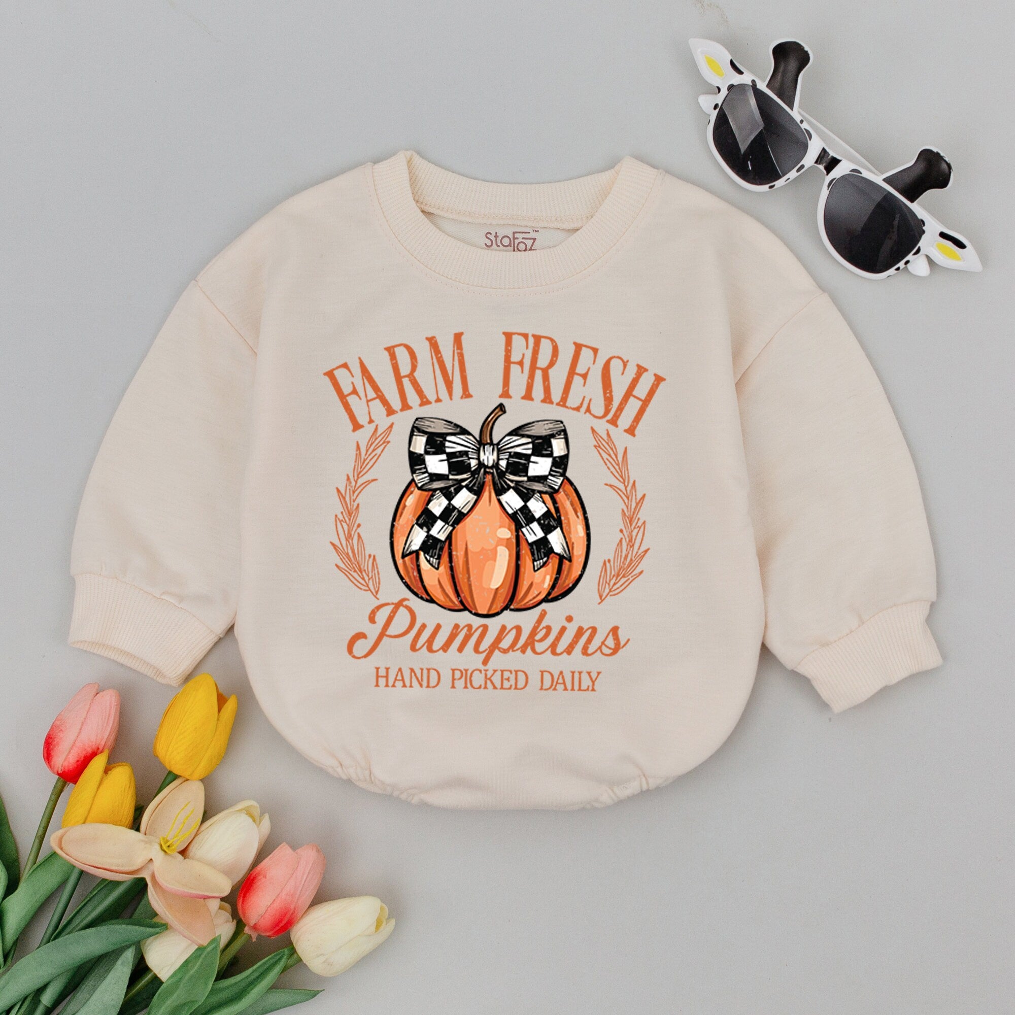 Farm Fresh Pumpkins Baby Romper with Checkered Bow Fall Thanksgiving Outfit Soft Cotton Infant Clothes