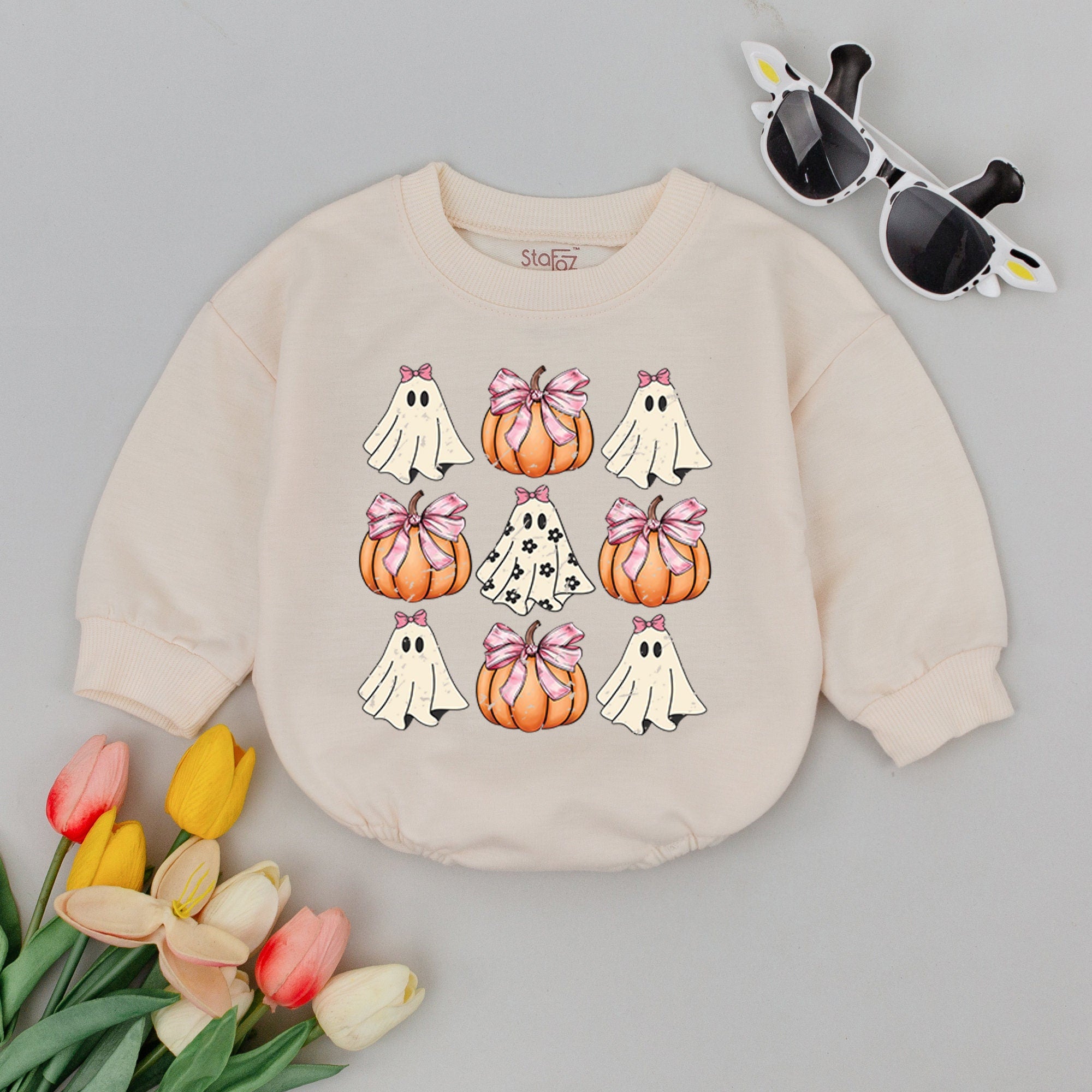 Retro Ghost Pumpkin Baby Romper Halloween Outfit Soft Autumnal Cotton Infant Bodysuit with Bows for Thanksgiving Baby Shower Gift