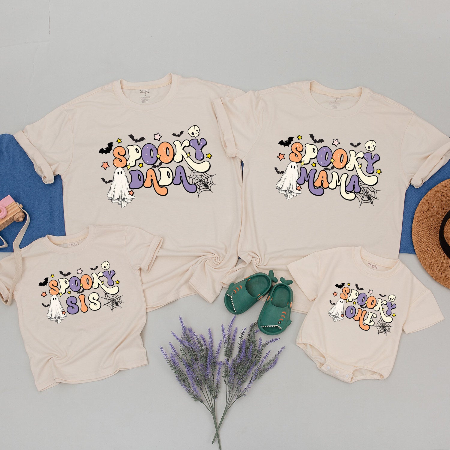 Spooky One Birthday Shirt Mommy and Me Halloween Family Matching Outfits Pastel Ghost Bat Design Customized First Birthday Gift