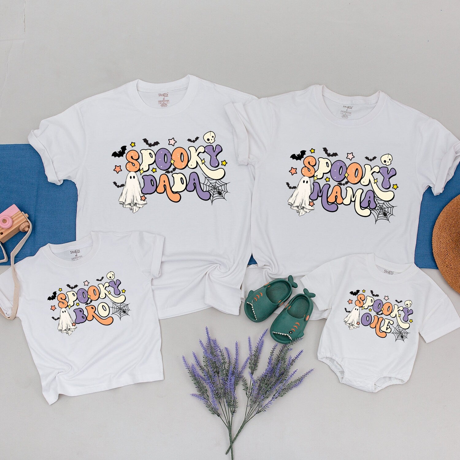 Spooky One Birthday Shirt Mommy and Me Halloween Family Matching Outfits Pastel Ghost Bat Design Customized First Birthday Gift