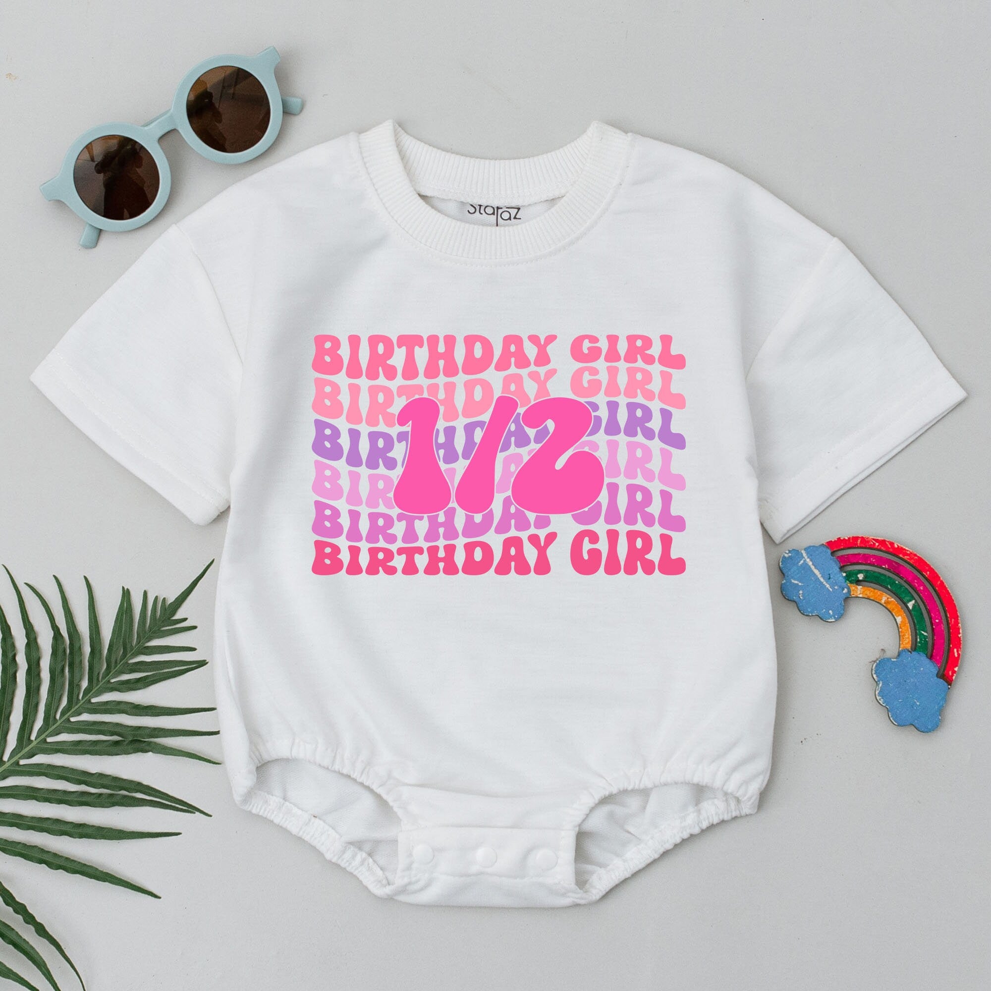 Half Birthday Girl Romper with Pink Bold 1/2 Design Soft Cotton Outfit Infant Girl 6 Months Party Gift Vibrant Pink Purple Colors