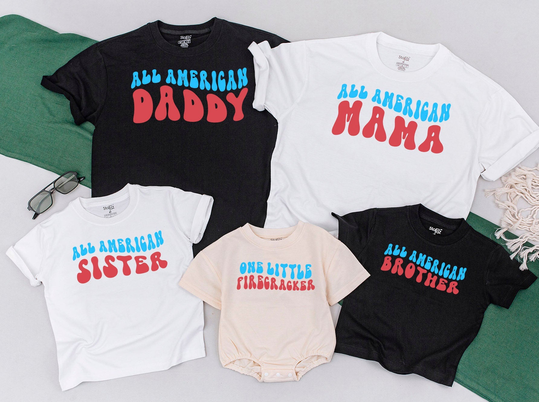 All American Mama and Mini Matching Tees Festive Red Blue Retro Cotton Shirts for July 4th Family Celebrations Personalized Custom Names