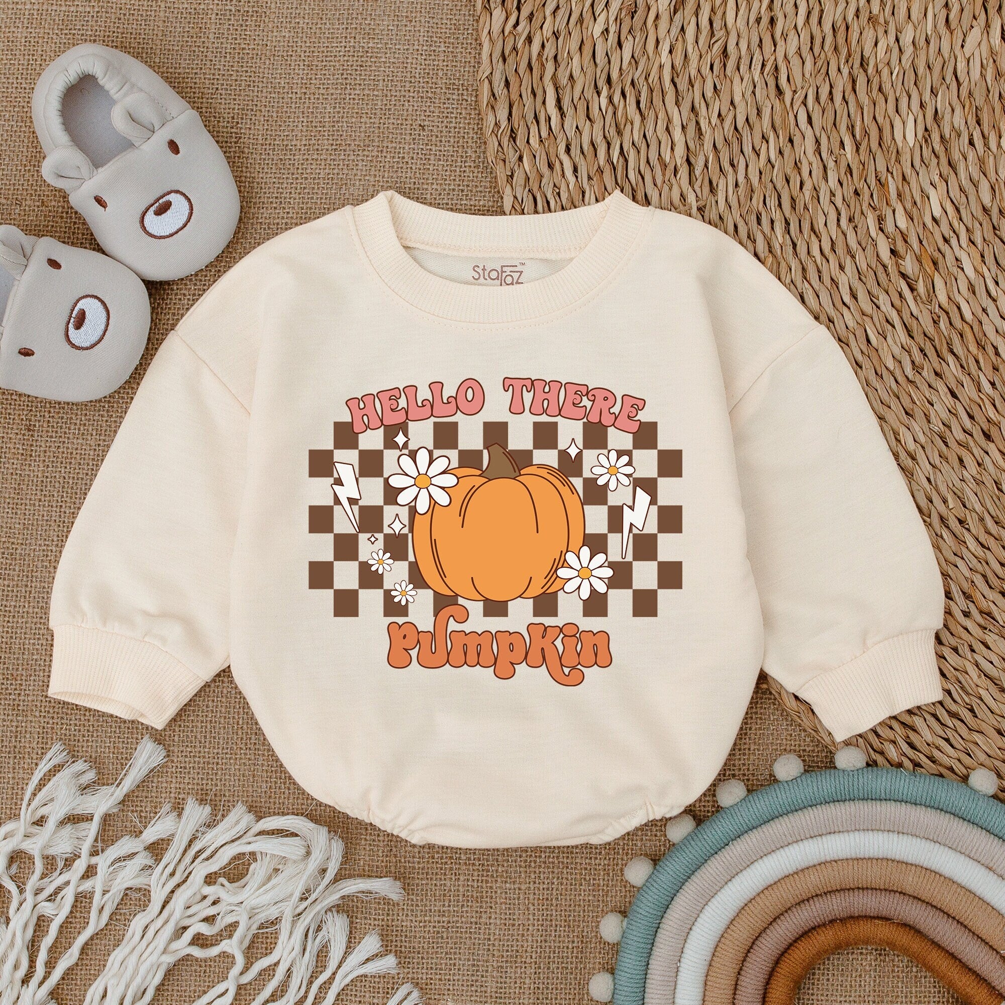 Hello Pumpkin Baby Romper for First Thanksgiving Soft Cotton Fall Outfit Infant Holiday Clothes with Vintage Checkered Pattern