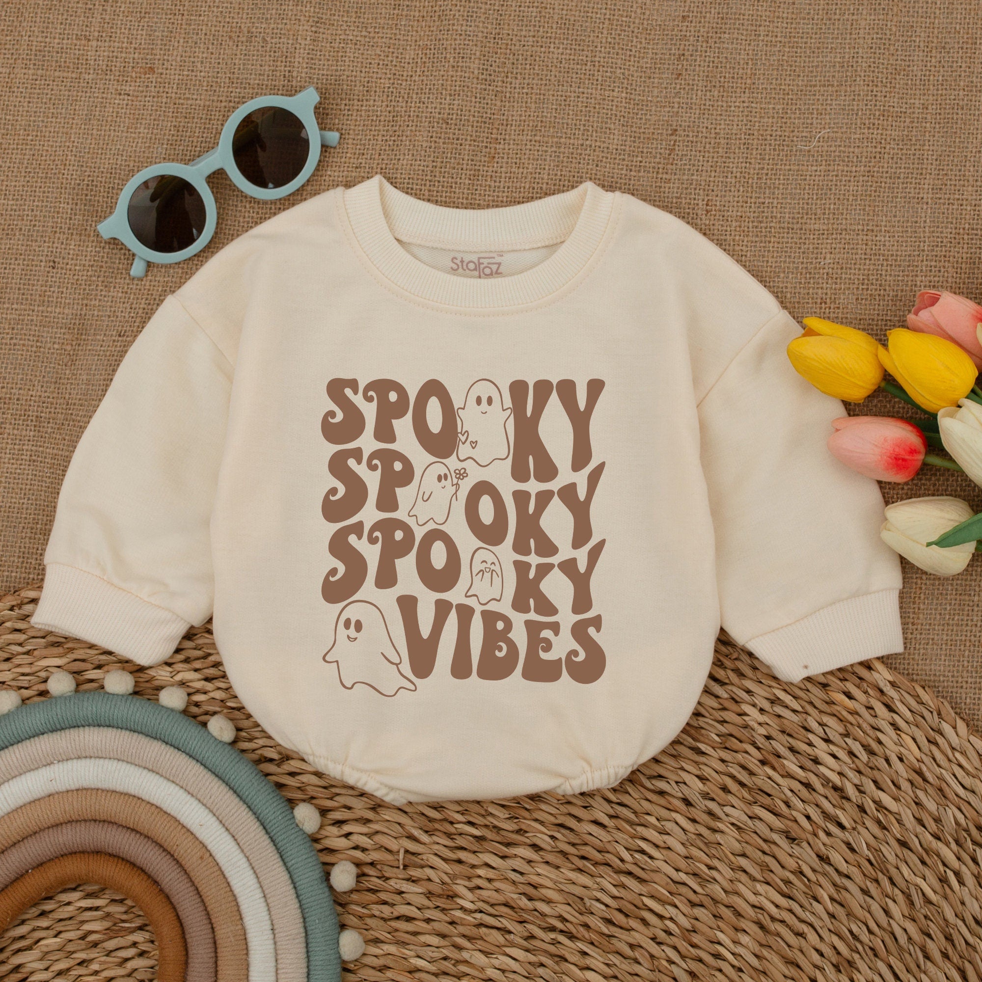 Spooky Vibes Baby Romper Halloween Ghost Bodysuit Playful Retro Design Fall Infant Outfit Gift Soft Cotton Style