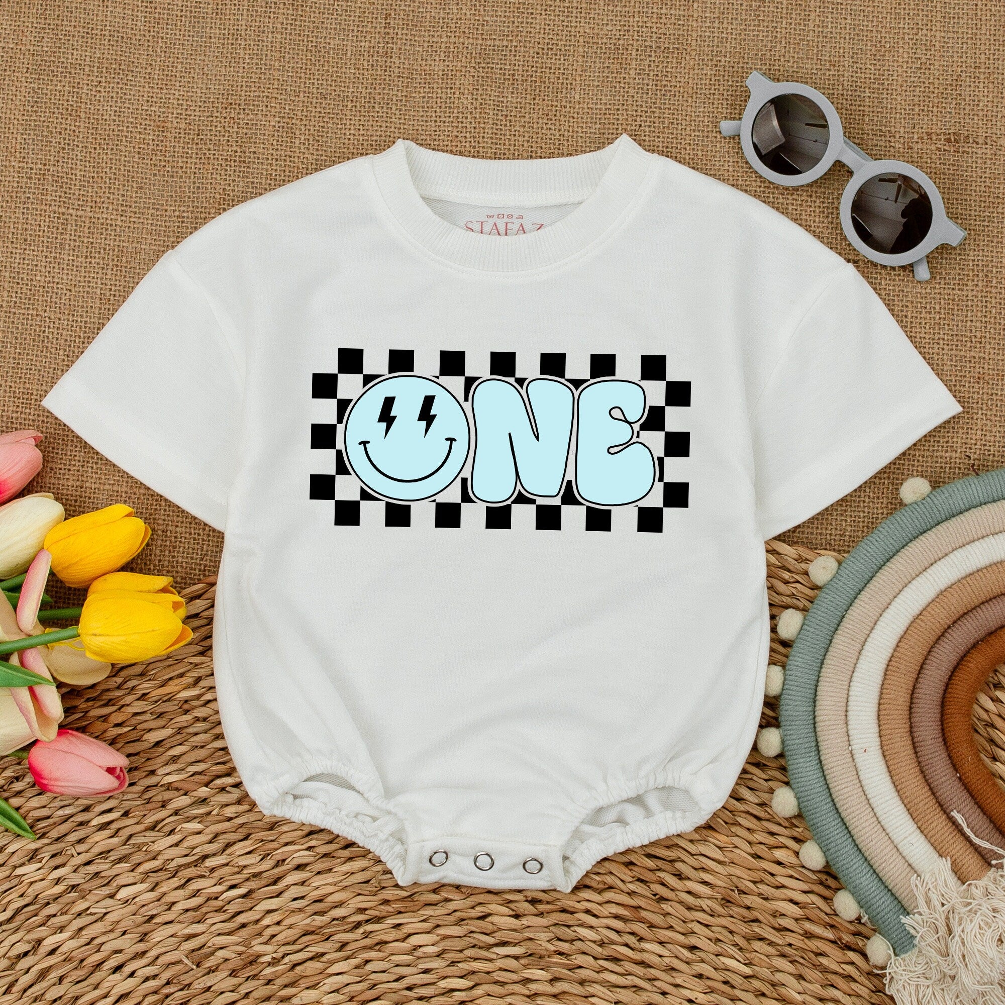 Blue One Smiley Face Baby Romper with Lightning Eyes Fun First Birthday Outfit Cotton Comfortable Cake Smash Suit for Happy Boys