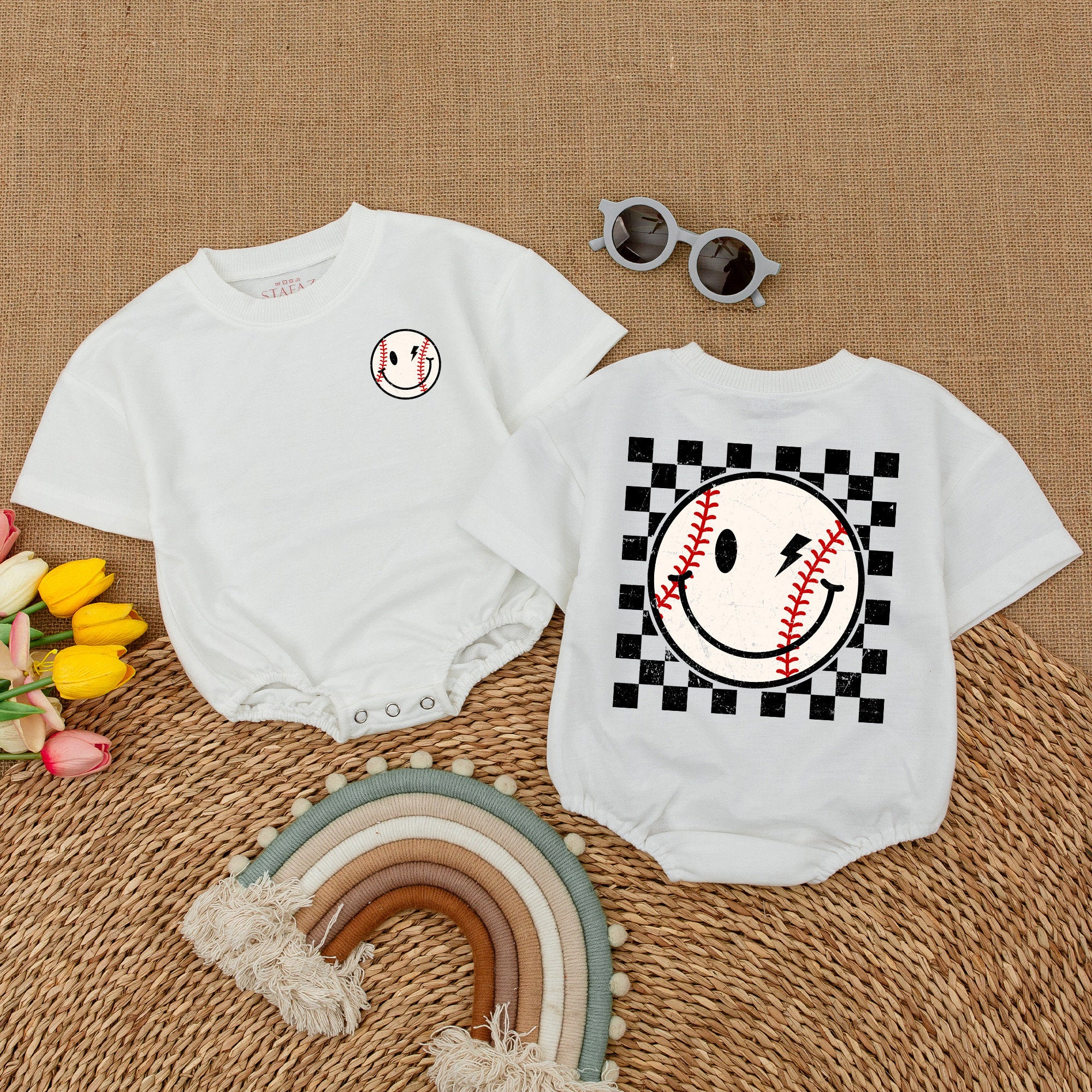 Retro Baseball Smile Baby Romper - Perfect Game Day Gift