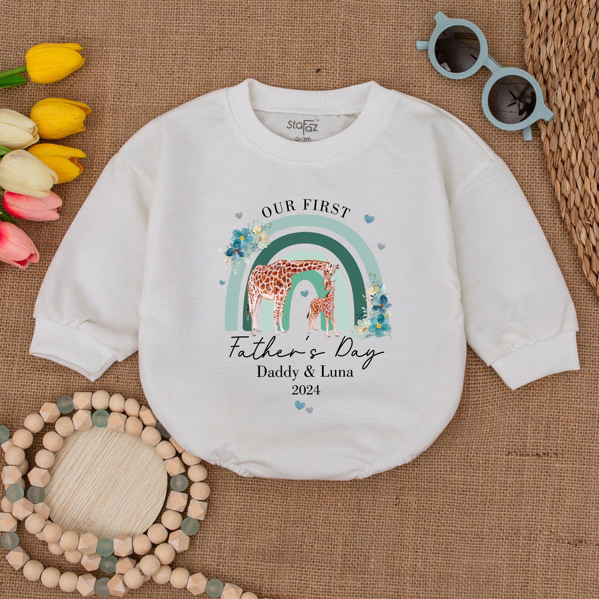 Personalized Our First Father's Day Giraffe Romper Baby Bodysuit Adorable Rainbow Design Soft Cotton Newborn Infant Keepsake 2024