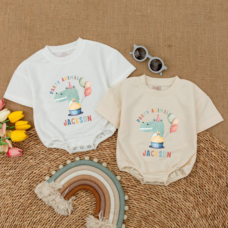 Personalized Party Animal Birthday Romper for Baby Boy or Girl Fun Celebration Dinosaur Design Cake Smash Outfit Cotton Comfort