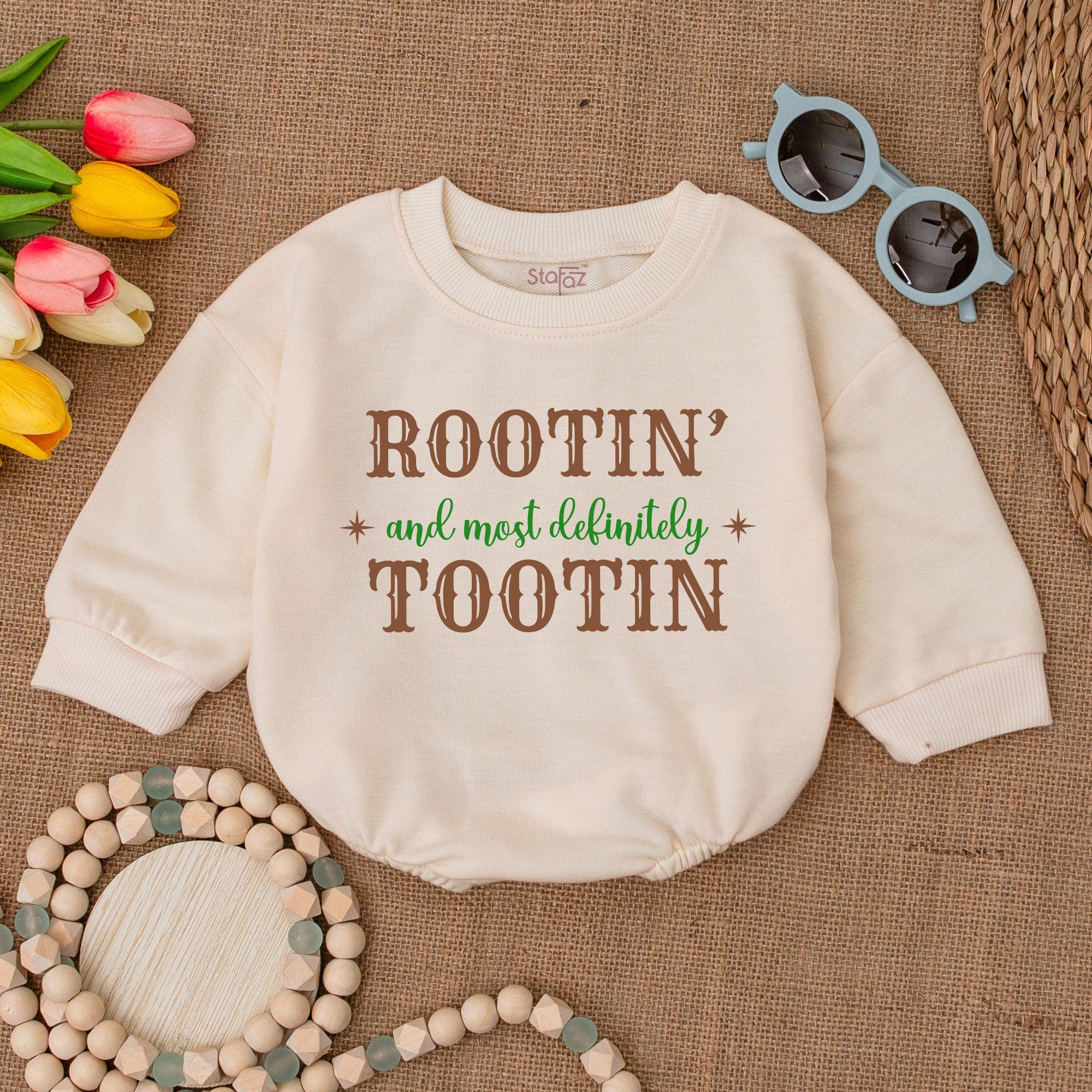 Rootin and Tootin Western Baby Romper Rustic Boho Bodysuit Gender Neutral Newborn Gift with Playful Text and Star Design Cotton Outfit
