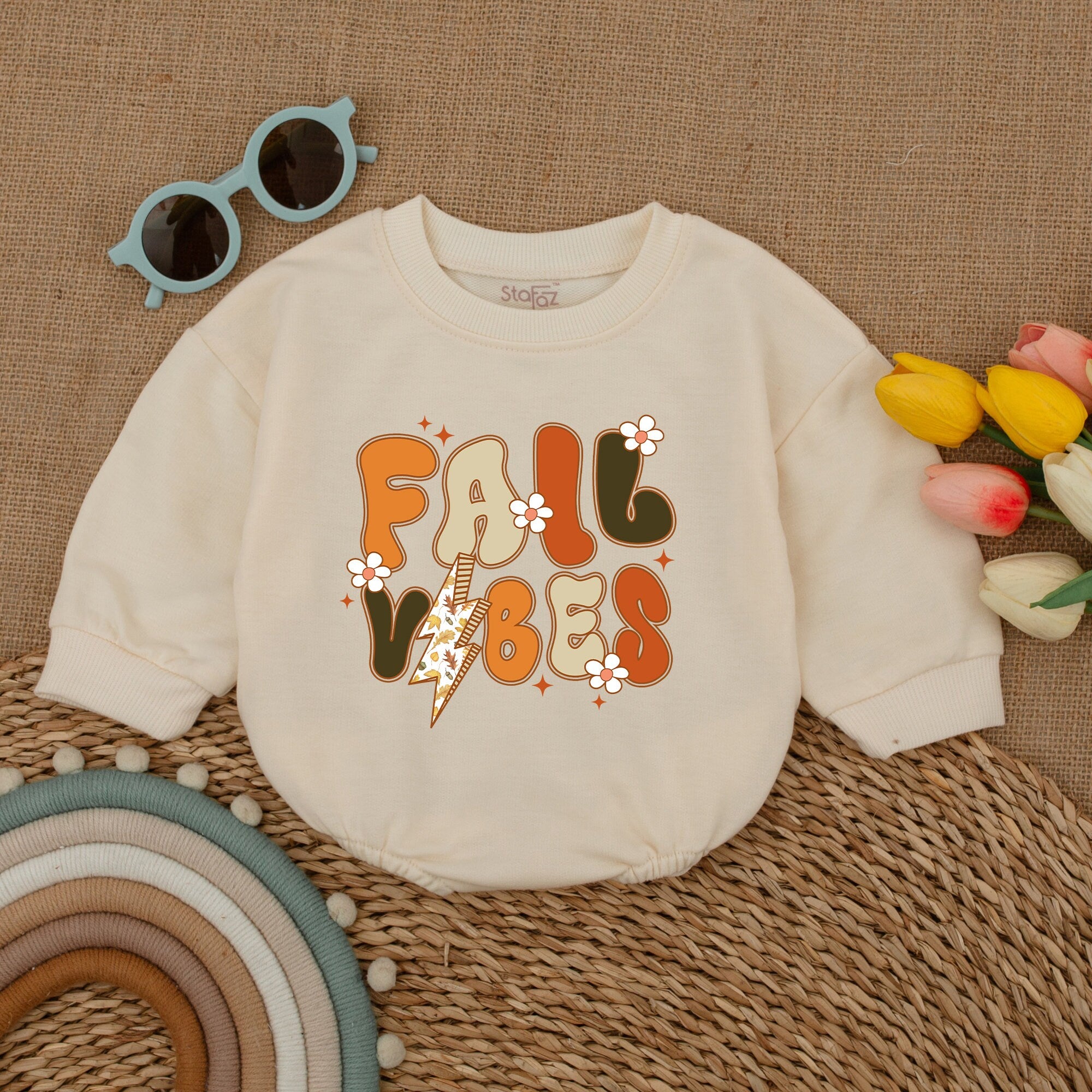Fall Vibes Baby Romper with Autumn Colors and Whimsical Flowers Thanksgiving Outfit Soft Cotton Pumpkin Season Baby Shower Gift