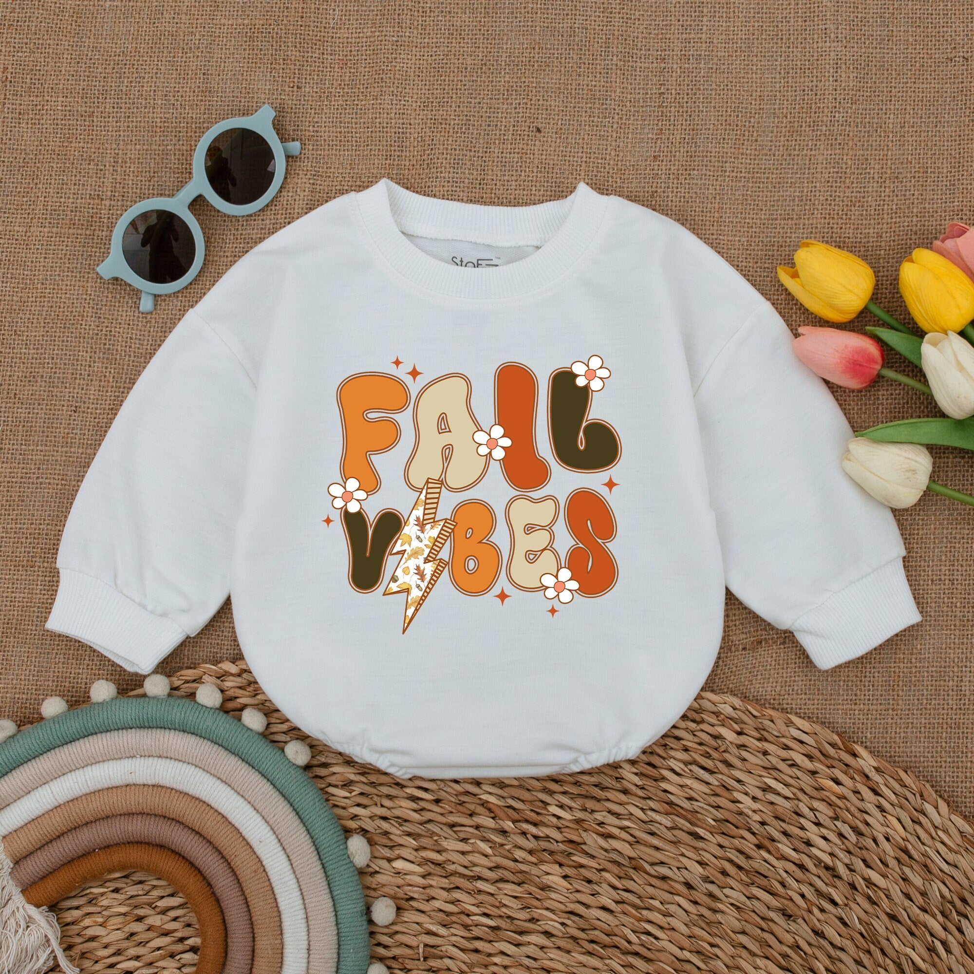Fall Vibes Baby Romper with Autumn Colors and Whimsical Flowers Thanksgiving Outfit Soft Cotton Pumpkin Season Baby Shower Gift