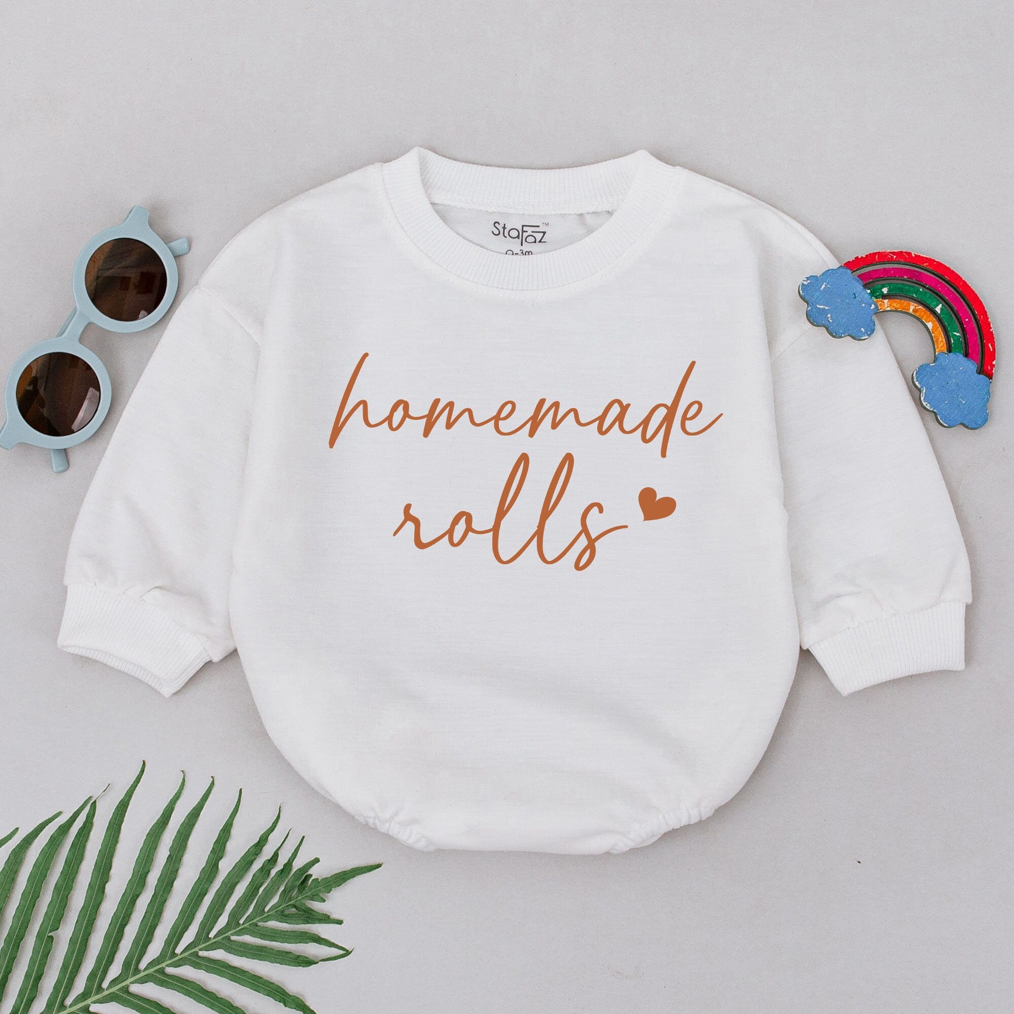 Homemade Rolls Baby Romper Cozy Autumn Infant Bodysuit Thanksgiving Gift Playful Cursive Text Heart Design Warm Earthy Fabric