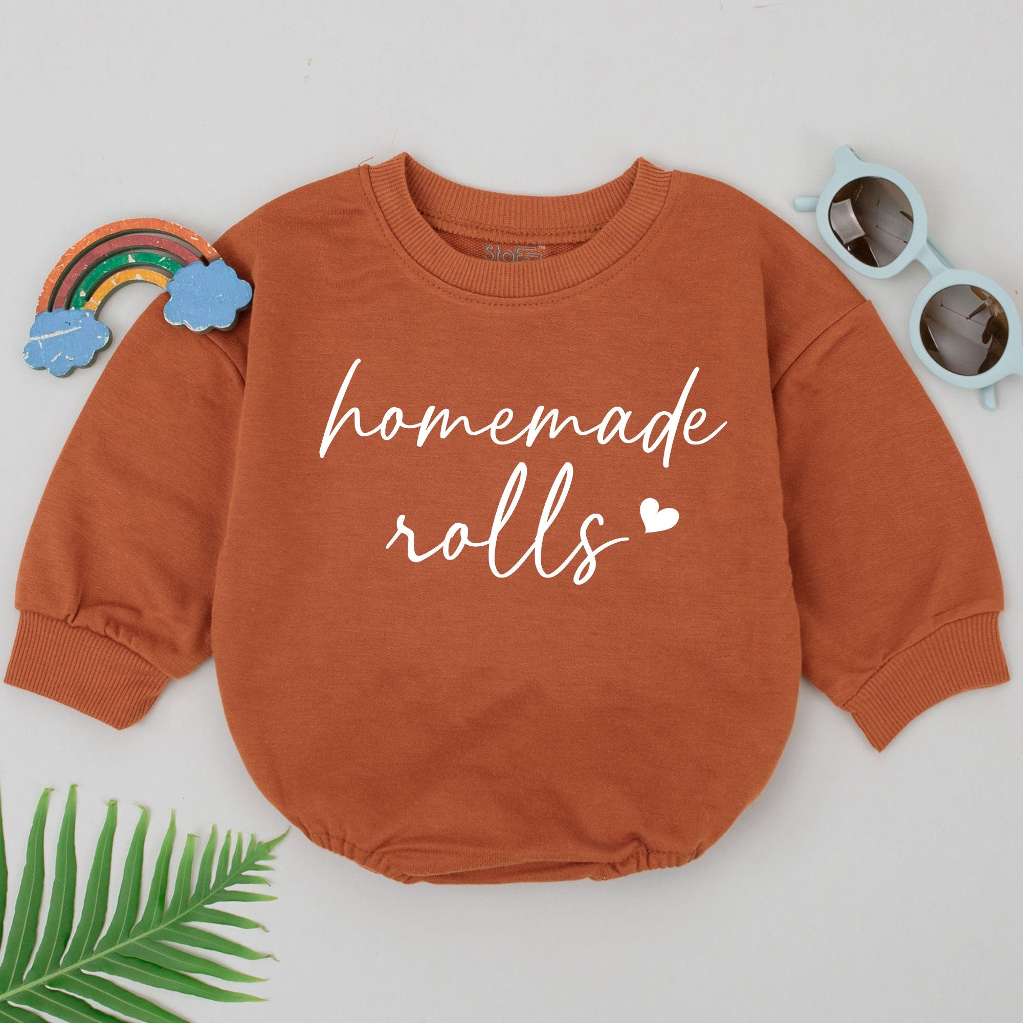 Homemade Rolls Baby Romper Cozy Autumn Infant Bodysuit Thanksgiving Gift Playful Cursive Text Heart Design Warm Earthy Fabric
