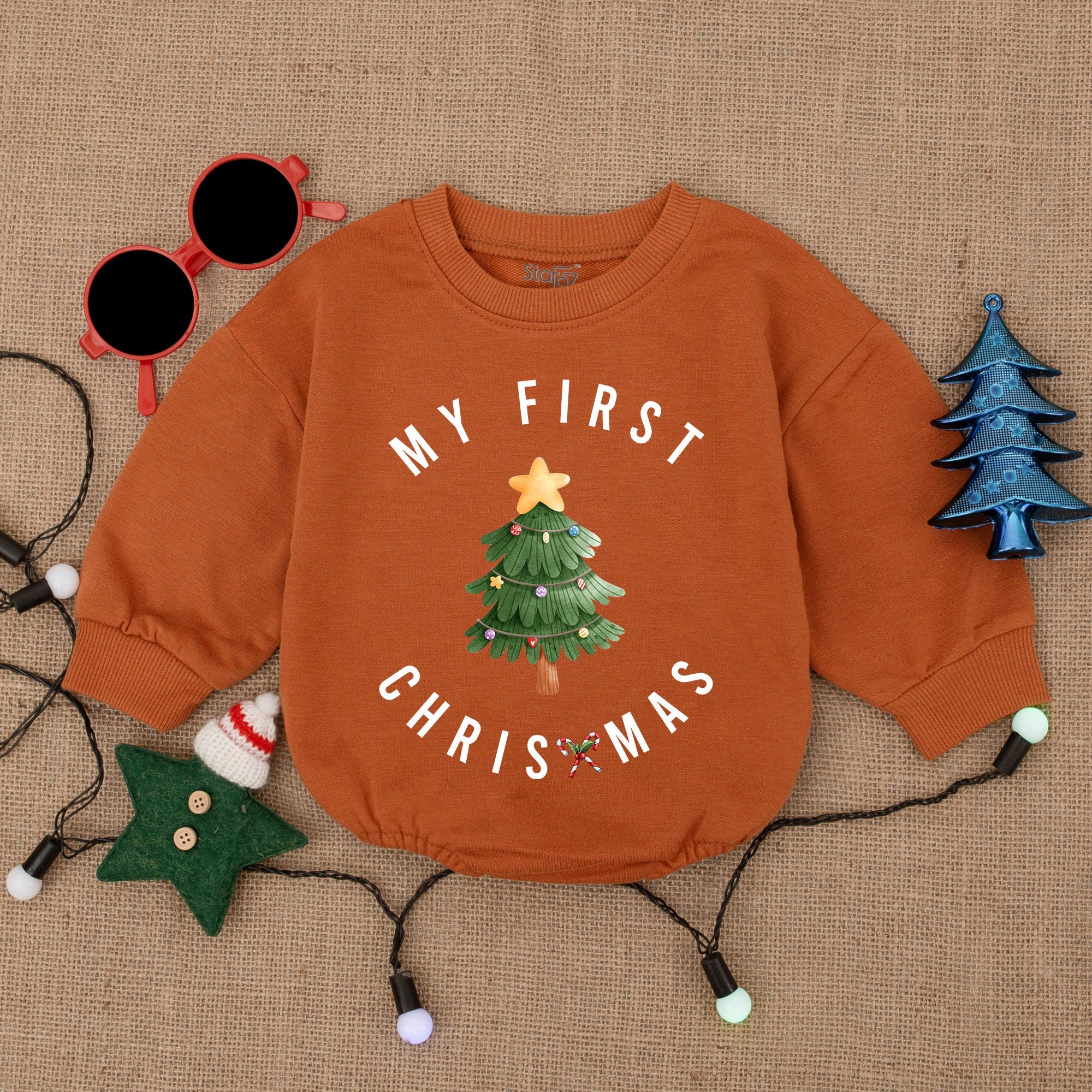 My First Christmas Baby Romper with Festive Tree and Star Design Cozy Holiday Outfit for Infant or Toddler Gift Retro Style