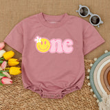 One Happy Girl Birthday Romper with Smiley Face and Daisy Design Baby Celebration Outfit Soft Pink Cotton Cake Smash Suit