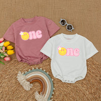 One Happy Girl Birthday Romper with Smiley Face and Daisy Design Baby Celebration Outfit Soft Pink Cotton Cake Smash Suit
