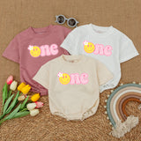 One Happy Girl Birthday Romper with Smiley Face and Daisy Design Baby Celebration Outfit Soft Pink Cotton Cake Smash Suit