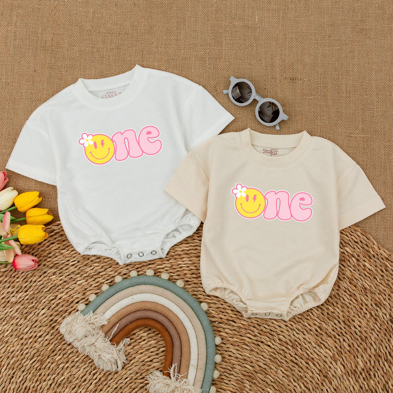One Happy Girl Birthday Romper with Smiley Face and Daisy Design Baby Celebration Outfit Soft Pink Cotton Cake Smash Suit