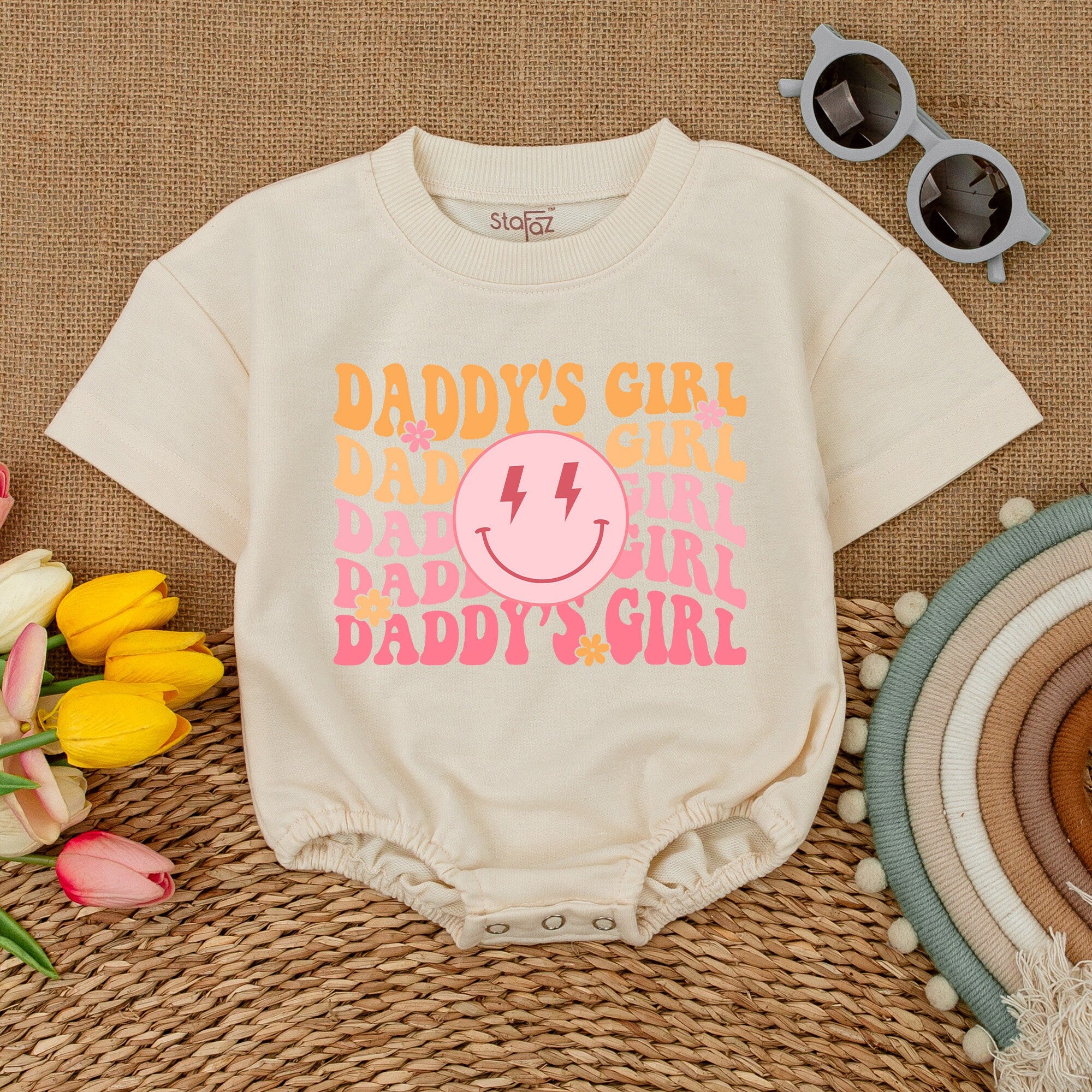 Daddy's Girl Romper with Smiley Face Lightning Eyes Vibrant Colors Soft Cotton Short Sleeve Baby Toddler Outfit Fun Playful Design