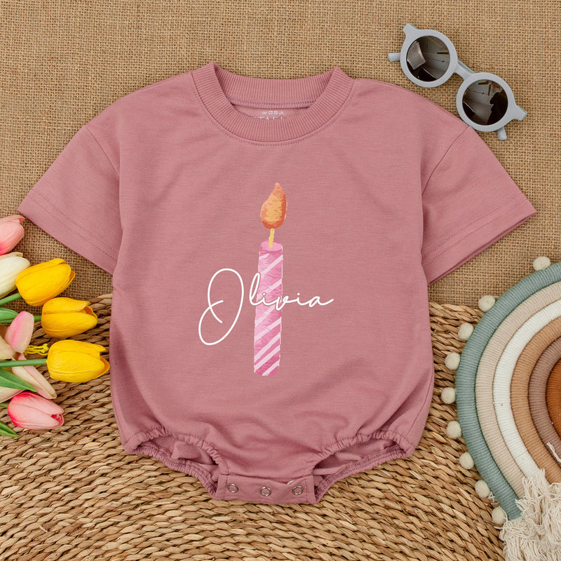 Personalized First Birthday Candle Baby Romper Striped Pink Blue Design Soft Cotton Outfit for Infant Girl Boy Celebration Party Wear