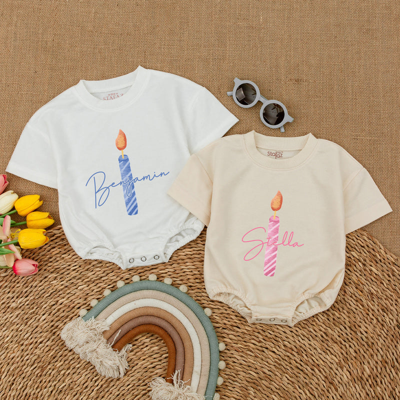 Personalized First Birthday Candle Baby Romper Striped Pink Blue Design Soft Cotton Outfit for Infant Girl Boy Celebration Party Wear