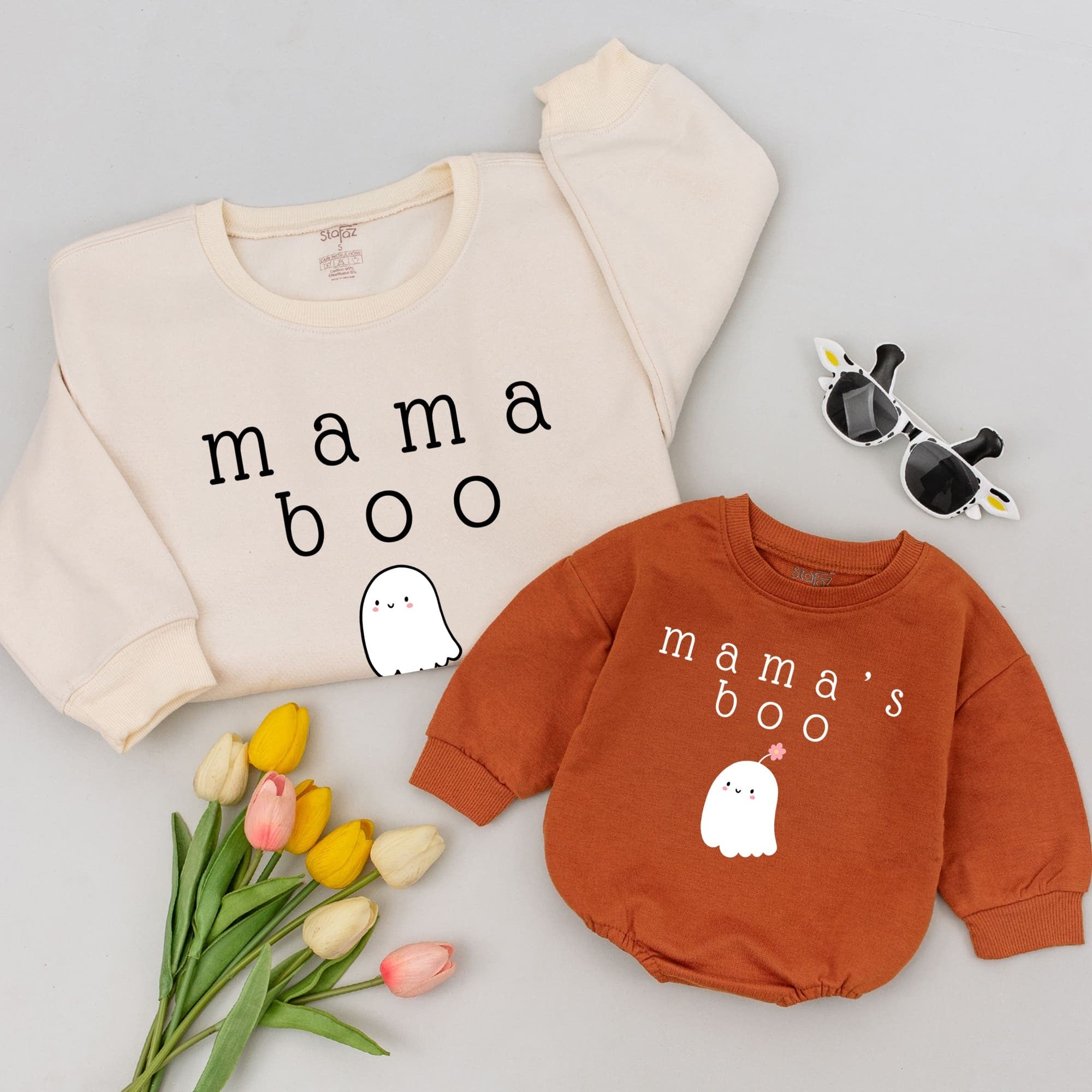 Mama Boo Matching Family Sweatshirts Cute Ghost Design Halloween Mom Baby Outfits Cozy Soft Cotton Festive Seasonal Wear
