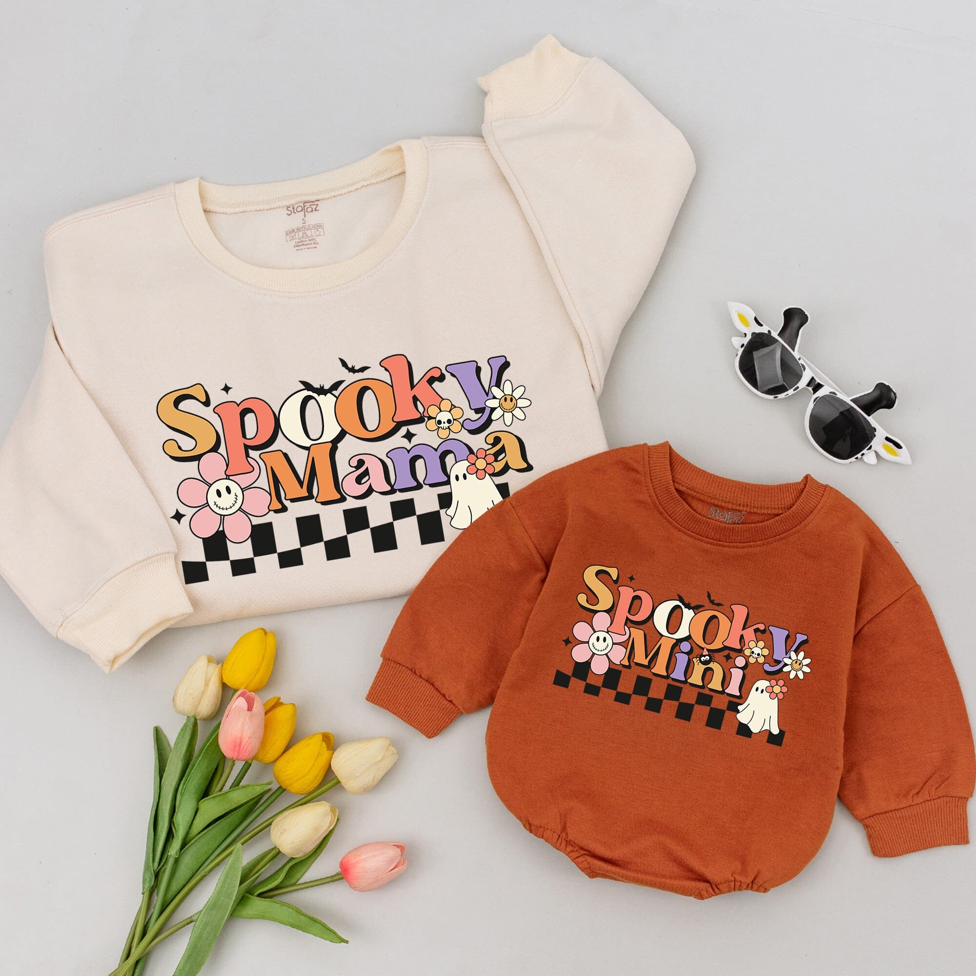 Spooky Mama Matching Family Sweaters Colorful Halloween Design Cozy Fall Outfit Custom Fun Ghost Floral Pattern Cotton Toddler Baby